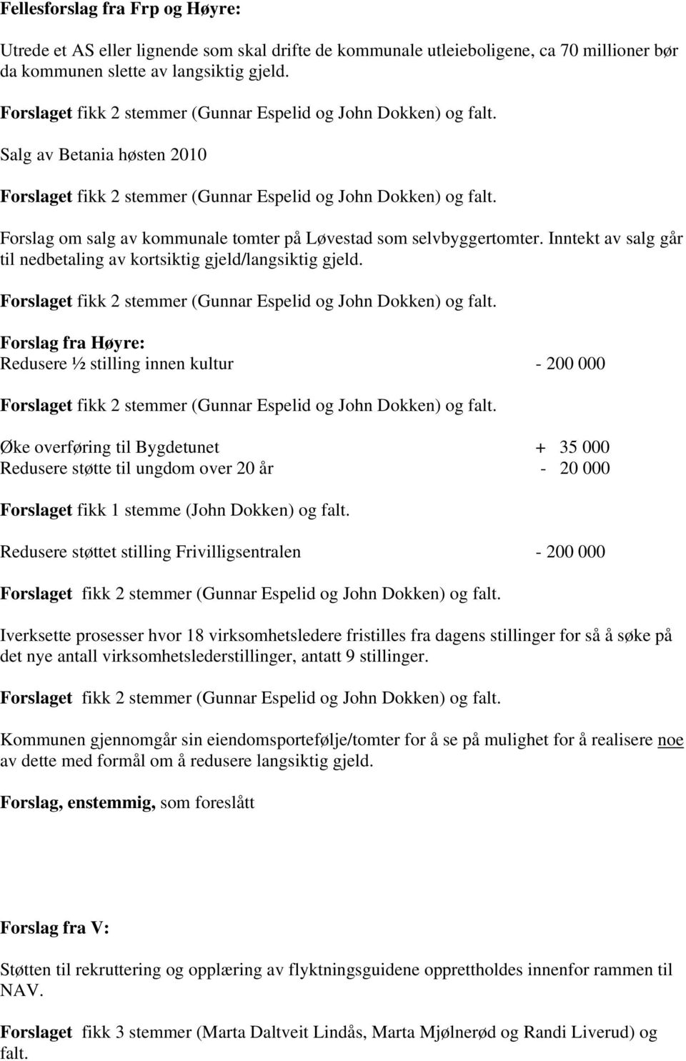 Forslag fra Høyre: Redusere ½ stilling innen kultur - 200 000 Øke overføring til Bygdetunet + 35 000 Redusere støtte til ungdom over 20 år - 20 000 Forslaget fikk 1 stemme (John Dokken) og falt.