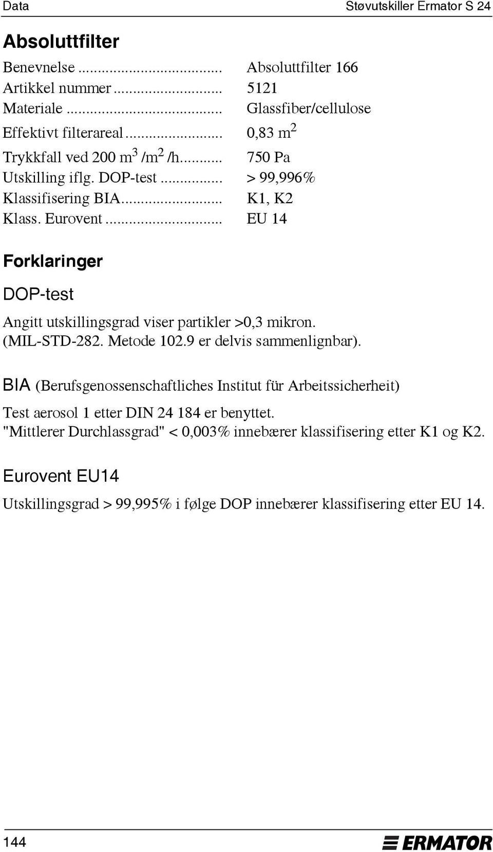 .. EU 14 Forklaringer DOP-test Angitt utskillingsgrad viser partikler >0,3 mikron. (MIL-STD-282. Metode 102.9 er delvis sammenlignbar).