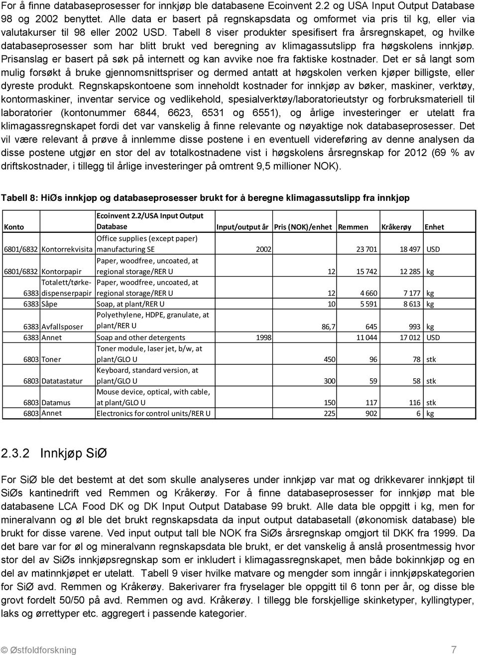 Tabell 8 viser produkter spesifisert fra årsregnskapet, og hvilke databaseprosesser som har blitt brukt ved beregning av klimagassutslipp fra høgskolens innkjøp.