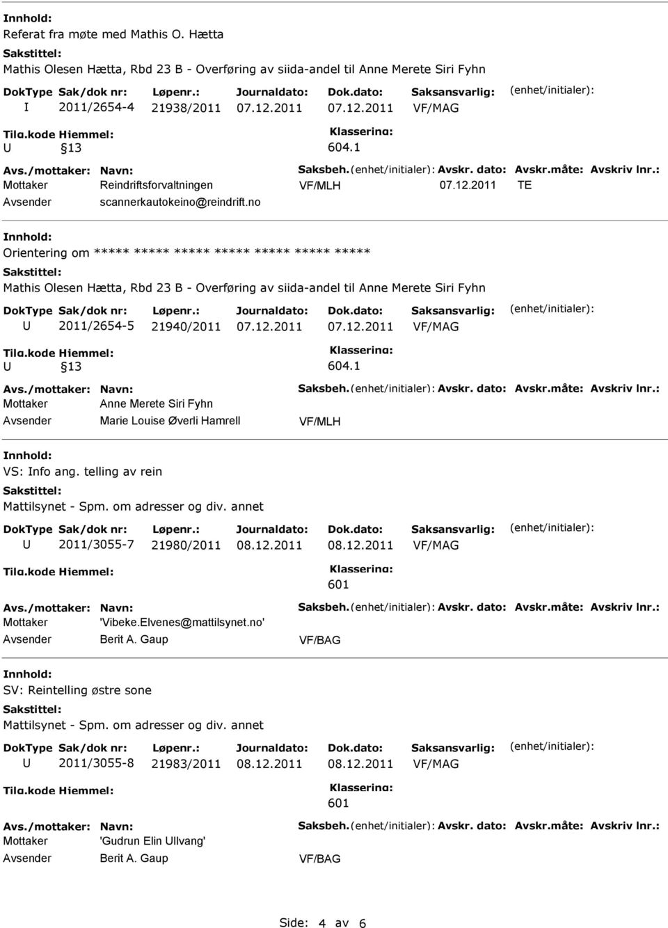 no Orientering om ***** ***** ***** ***** ***** ***** ***** Mathis Olesen Hætta, Rbd 23 B - Overføring av siida-andel til Anne Merete Siri Fyhn 2011/2654-5 21940/2011 Tilg.kode Hjemmel: 13 604.