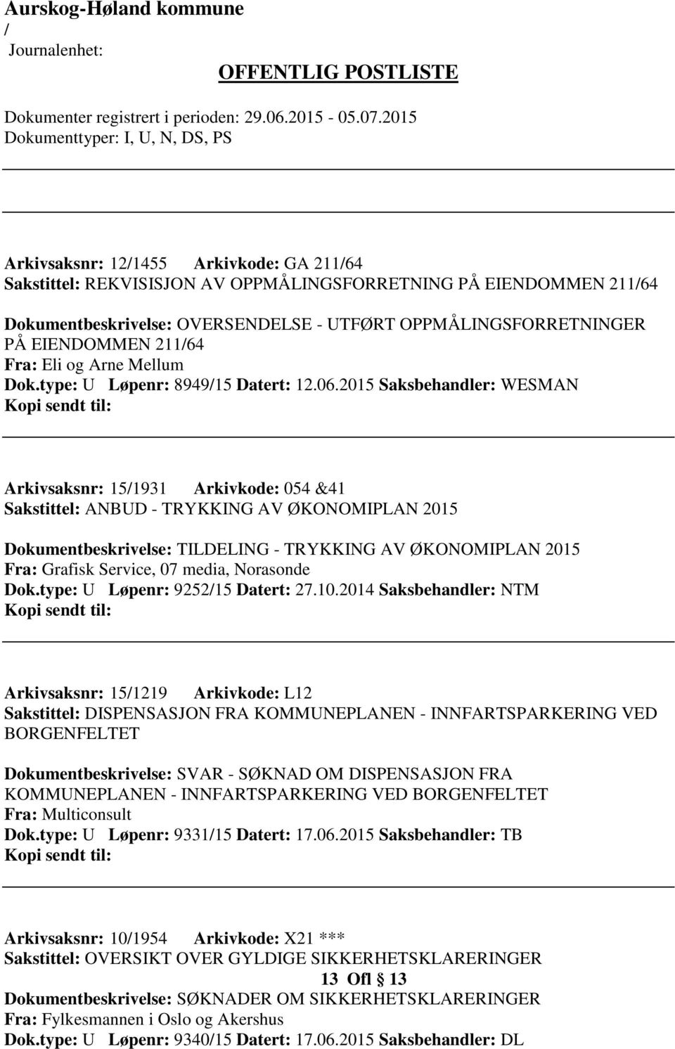 2015 Saksbehandler: WESMAN Arkivsaksnr: 151931 Arkivkode: 054 &41 Sakstittel: ANBUD - TRYKKING AV ØKONOMIPLAN 2015 Dokumentbeskrivelse: TILDELING - TRYKKING AV ØKONOMIPLAN 2015 Fra: Grafisk Service,