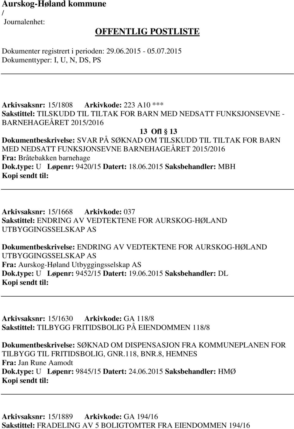 2015 Saksbehandler: MBH Arkivsaksnr: 151668 Arkivkode: 037 Sakstittel: ENDRING AV VEDTEKTENE FOR AURSKOG-HØLAND UTBYGGINGSSELSKAP AS Dokumentbeskrivelse: ENDRING AV VEDTEKTENE FOR AURSKOG-HØLAND