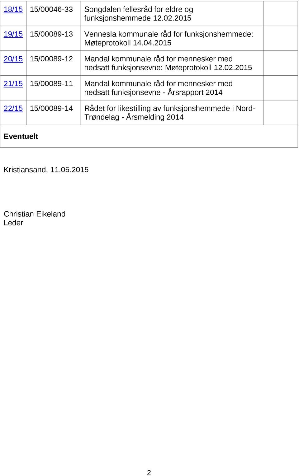 2015 20/15 15/00089-12 Mandal kommunale råd for mennesker med nedsatt funksjonsevne: Møteprotokoll 12.02.