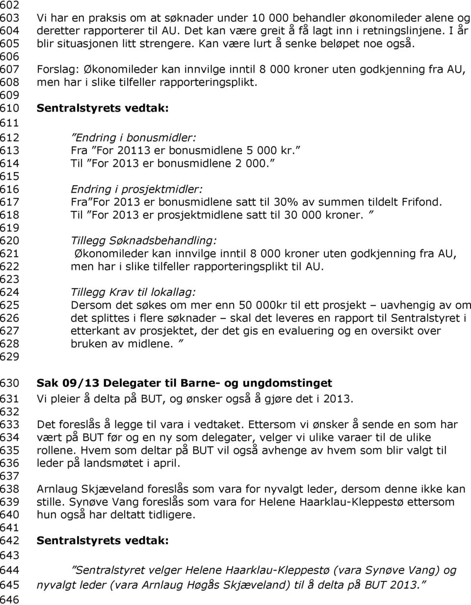 Kan være lurt å senke beløpet noe også. Forslag: Økonomileder kan innvilge inntil 8 000 kroner uten godkjenning fra AU, men har i slike tilfeller rapporteringsplikt.