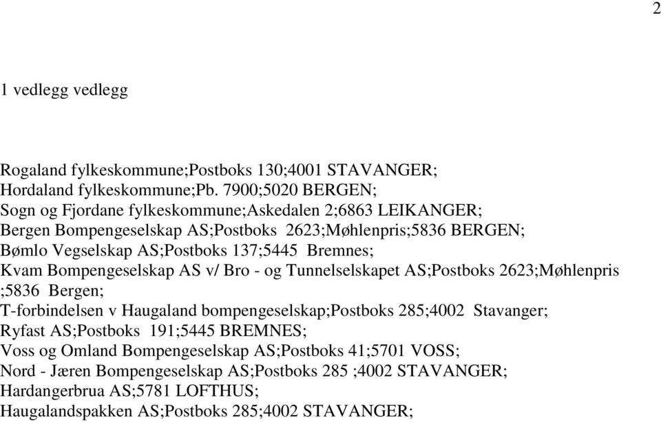 137;5445 Bremnes; Kvam Bompengeselskap S v/ Bro - og Tunnelselskapet S;Postboks 2623;Møhlenpris ;5836 Bergen; T-forbindelsen v Haugaland bompengeselskap;postboks