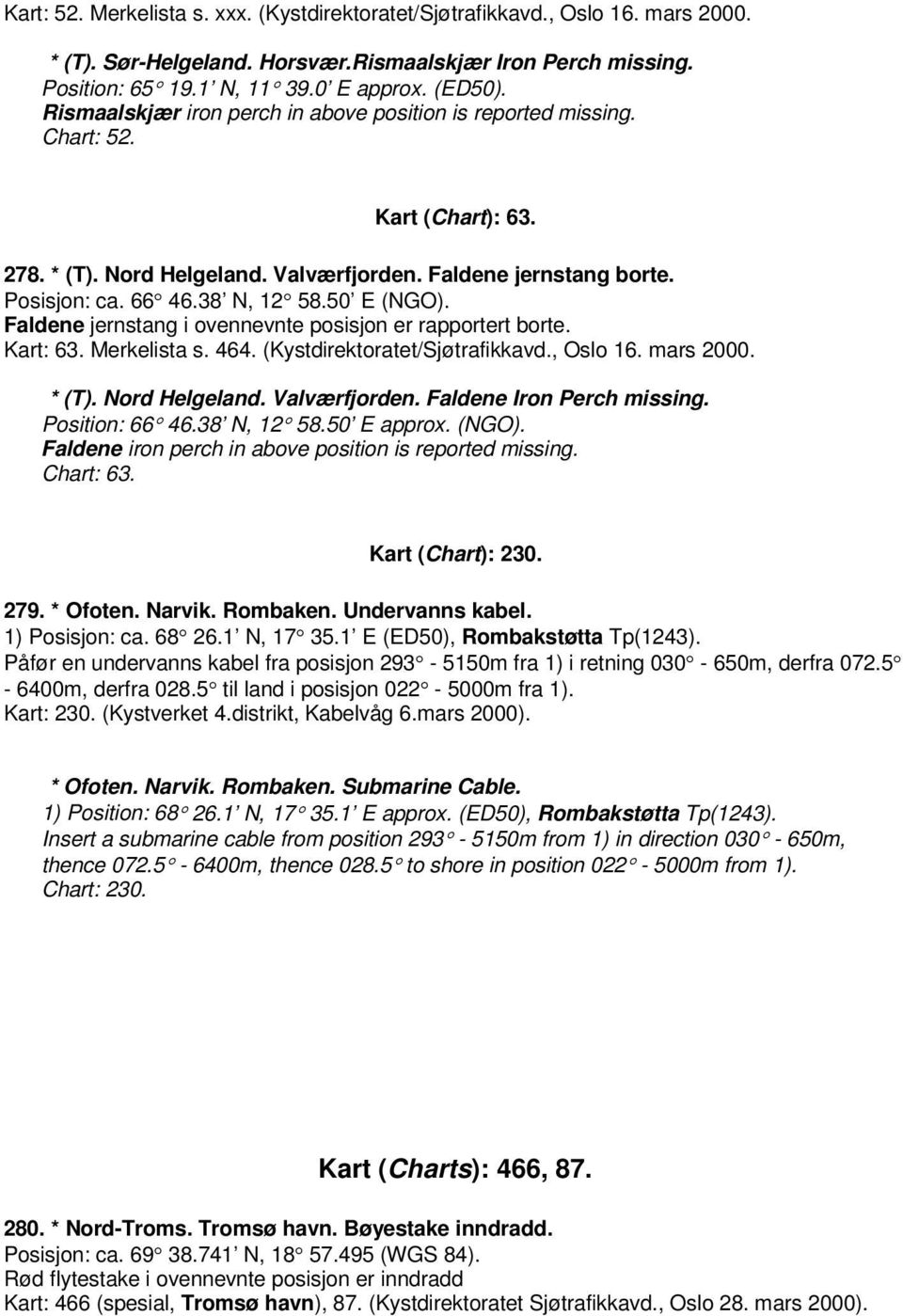 50 E (NGO). Faldene jernstang i ovennevnte posisjon er rapportert borte. Kart: 63. Merkelista s. 464. (Kystdirektoratet/Sjøtrafikkavd., Oslo 16. mars 2000. * (T). Nord Helgeland. Valværfjorden.