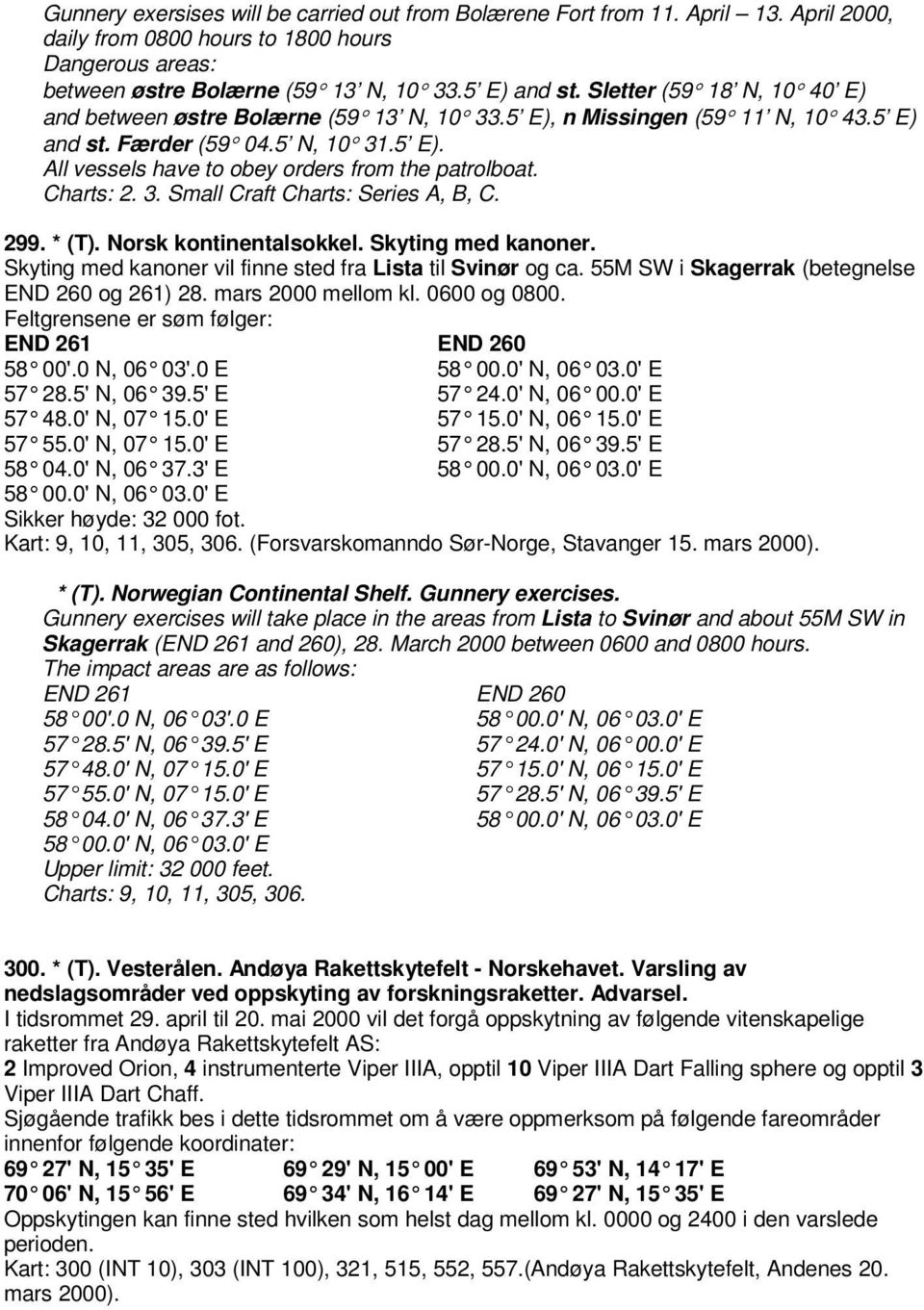 Charts: 2. 3. Small Craft Charts: Series A, B, C. 299. * (T). Norsk kontinentalsokkel. Skyting med kanoner. Skyting med kanoner vil finne sted fra Lista til Svinør og ca.