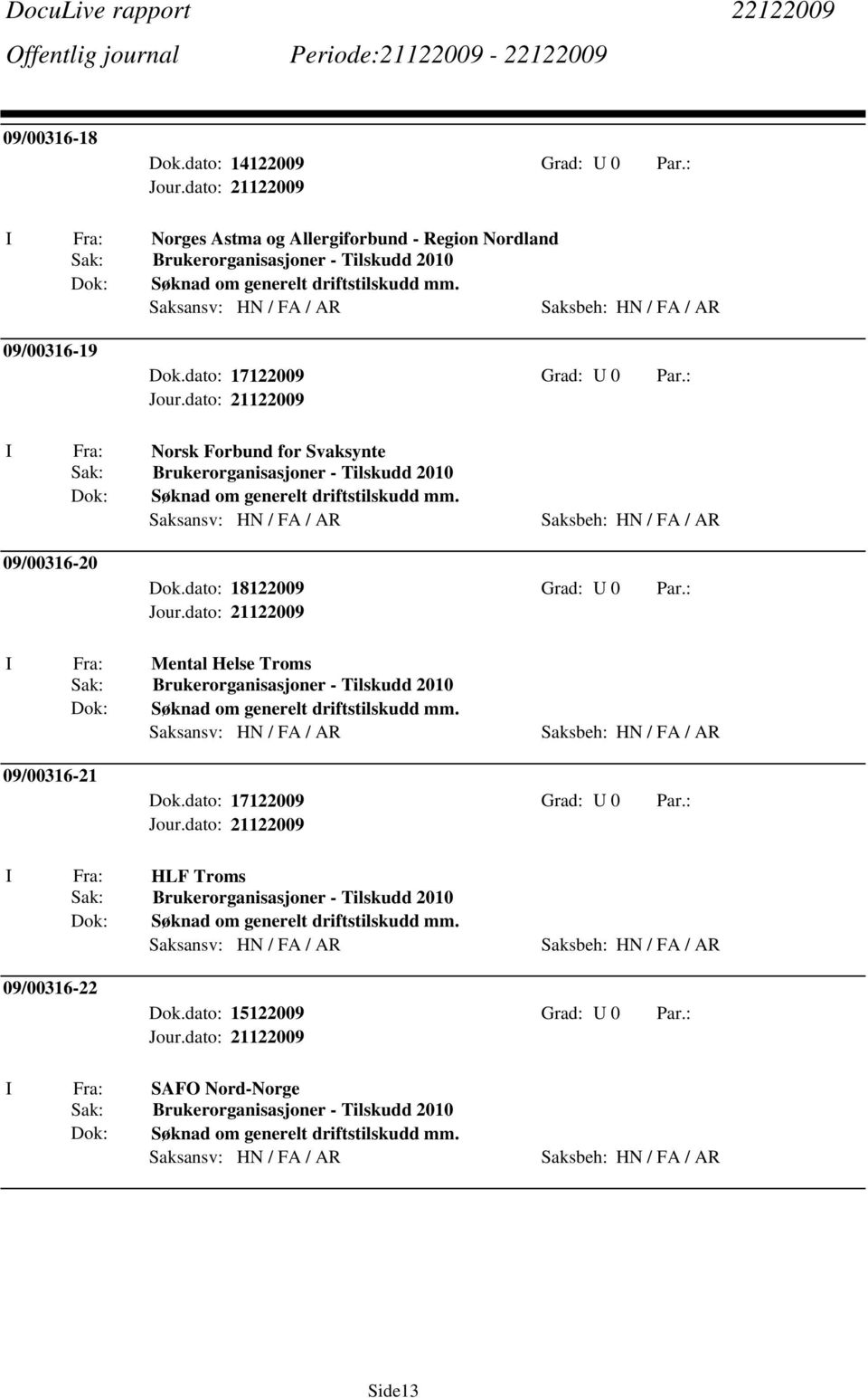 dato: 17122009 Grad: U 0 Par.: I Fra: Norsk Forbund for Svaksynte Søknad om generelt driftstilskudd mm.