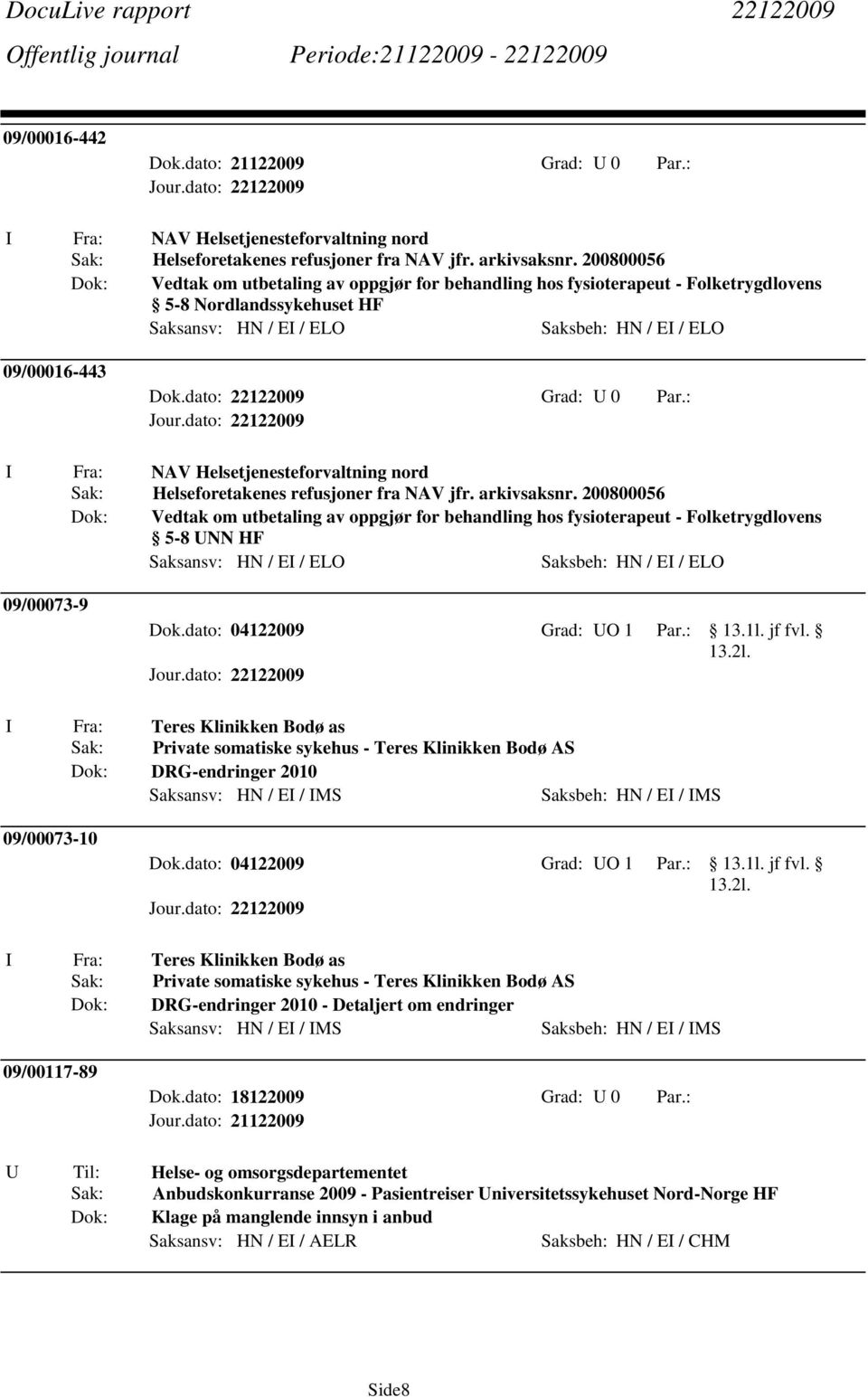 dato: 22122009 Grad: U 0 Par.: I Fra: NAV Helsetjenesteforvaltning nord Sak: Helseforetakenes refusjoner fra NAV jfr. arkivsaksnr.