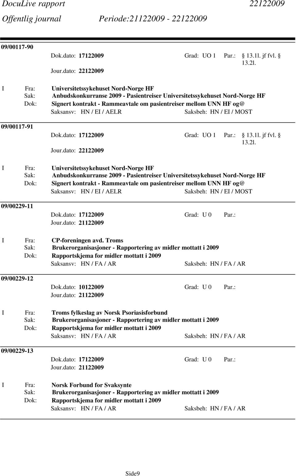 HN / EI / AELR Saksbeh: HN / EI / MOST 09/00117-91 Dok.dato: 17122009 Grad: UO 1 Par.: jf fvl. 13.2l.  HN / EI / AELR Saksbeh: HN / EI / MOST 09/00229-11 Dok.dato: 17122009 Grad: U 0 Par.