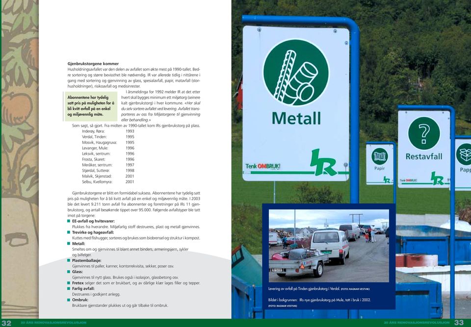 I årsmeldinga for 1992 melder IR at det etter Abonnentene har tydelig hvert skal bygges minimum ett miljøtorg (seinere satt pris på muligheten for å kalt gjenbrukstorg) i hver kommune.