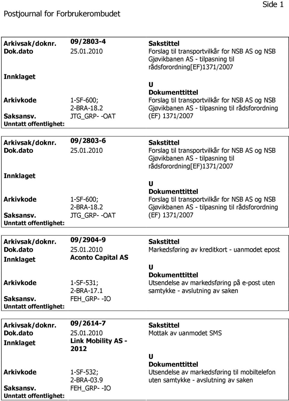 2010 Forslag til transportvilkår for NSB AS og NSB Gjøvikbanen AS - tilpasning til rådsforordning[ef)1371/2007 nnklaget 1-SF-600; 2-BRA-18.