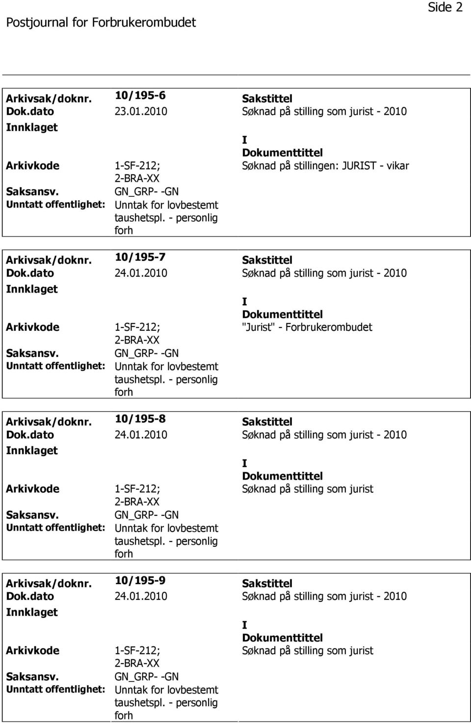 2010 Søknad på stilling som jurist - 2010 nnklaget 1-SF-212; 2-BRA-XX GN_GRP- -GN nntak for lovbestemt taushetspl. - personlig forh "Jurist" - Forbrukerombudet Arkivsak/doknr. 10/195-8 Sakstittel Dok.