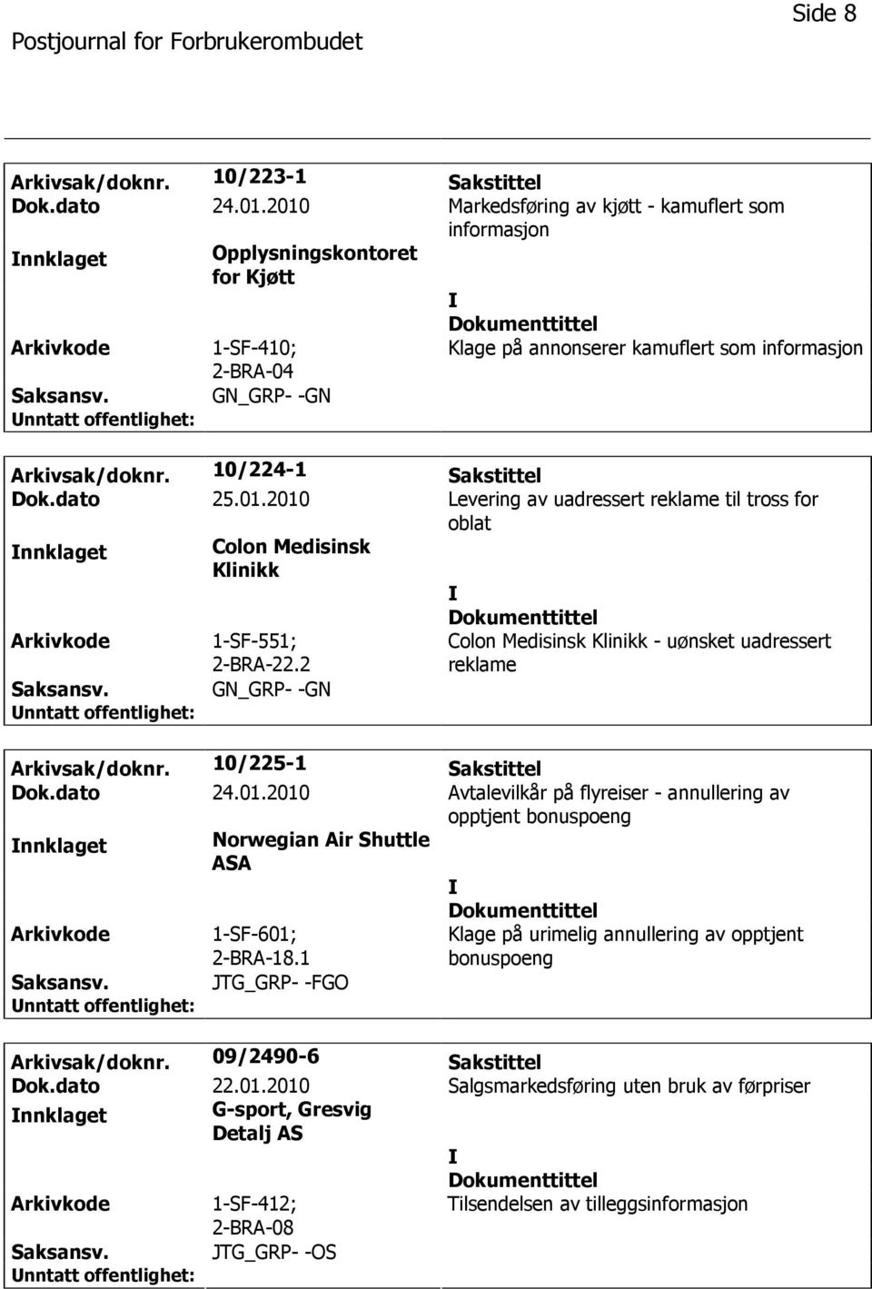 10/224-1 Sakstittel Dok.dato 25.01.2010 Levering av uadressert reklame til tross for oblat nnklaget Colon Medisinsk Klinikk 1-SF-551; 2-BRA-22.