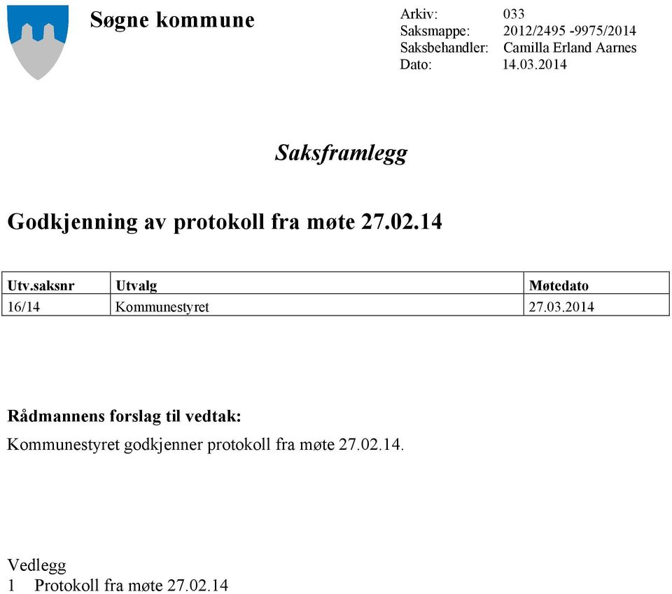 saksnr Utvalg Møtedato 16/14 Kommunestyret 27.03.