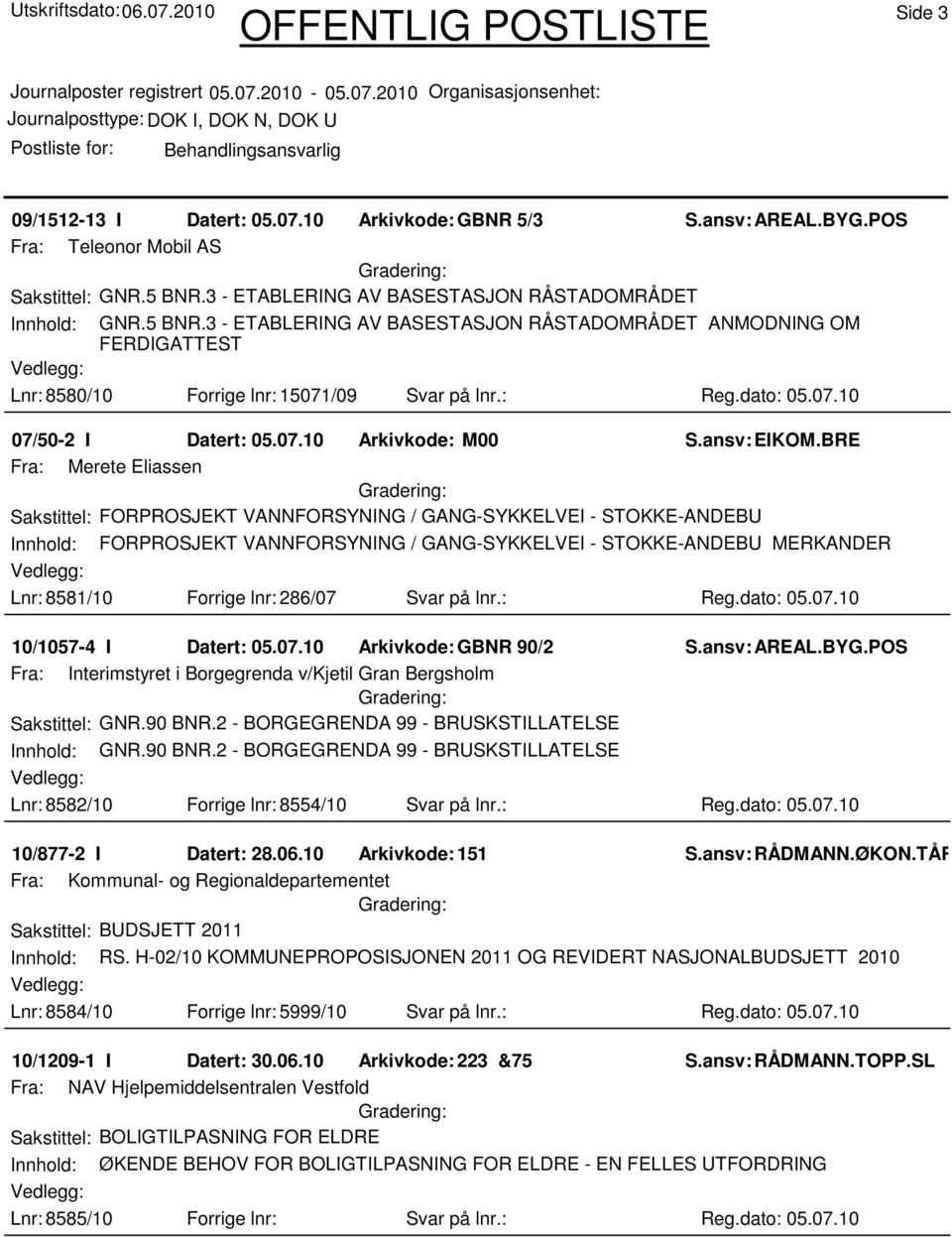 07.10 Arkivkode: M00 Fra: Merete Eliassen Sakstittel: FORPROSJEKT VANNFORSYNING / GANG-SYKKELVEI - STOKKE-ANDEBU Innhold: FORPROSJEKT VANNFORSYNING / GANG-SYKKELVEI - STOKKE-ANDEBU MERKANDER Lnr: