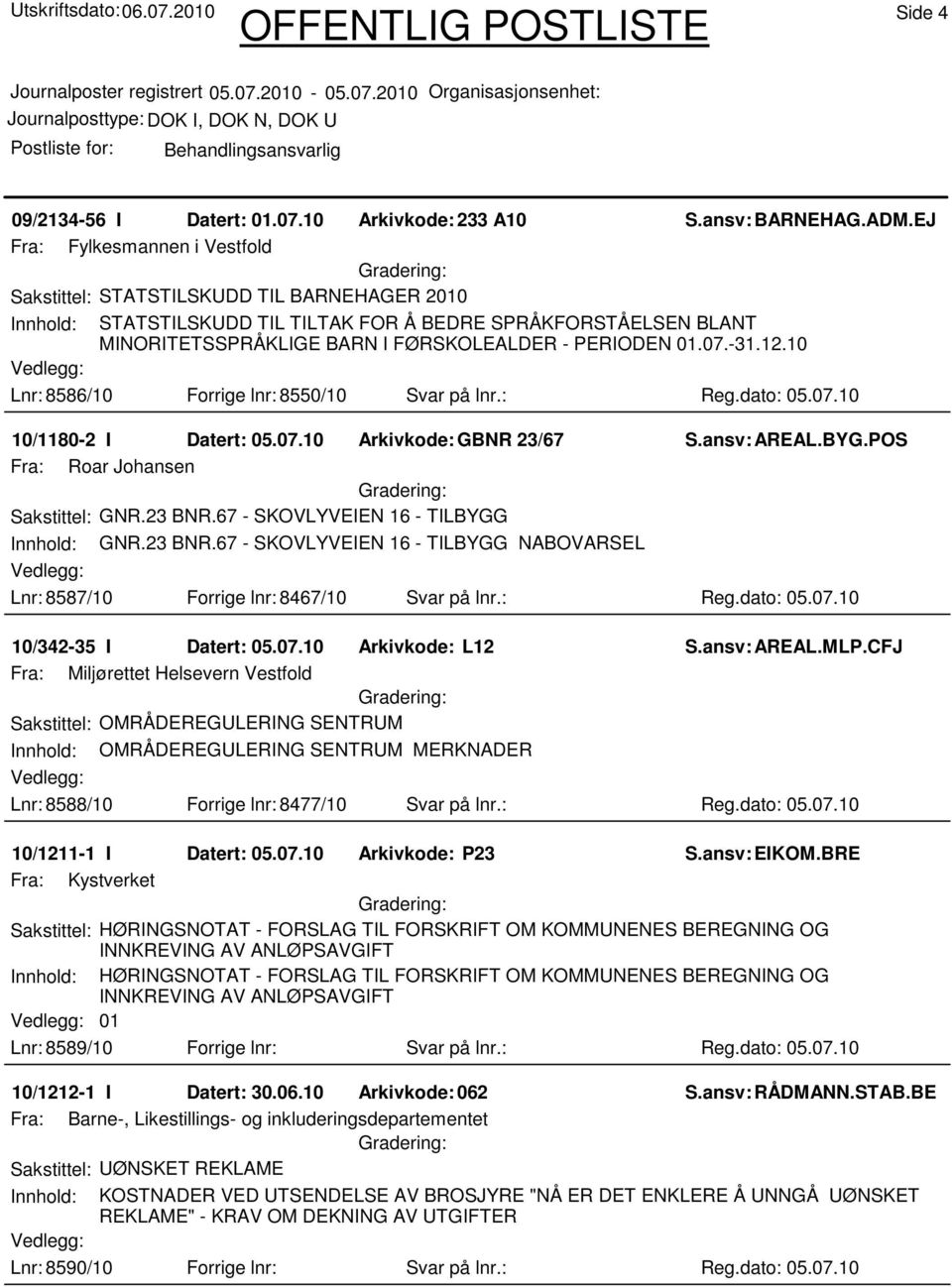 01.07.-31.12.10 Lnr: 8586/10 Forrige lnr: 8550/10 Svar på lnr.: Reg.dato: 05.07.10 10/1180-2 I Datert: 05.07.10 Arkivkode:GBNR 23/67 Fra: Roar Johansen Sakstittel: GNR.23 BNR.