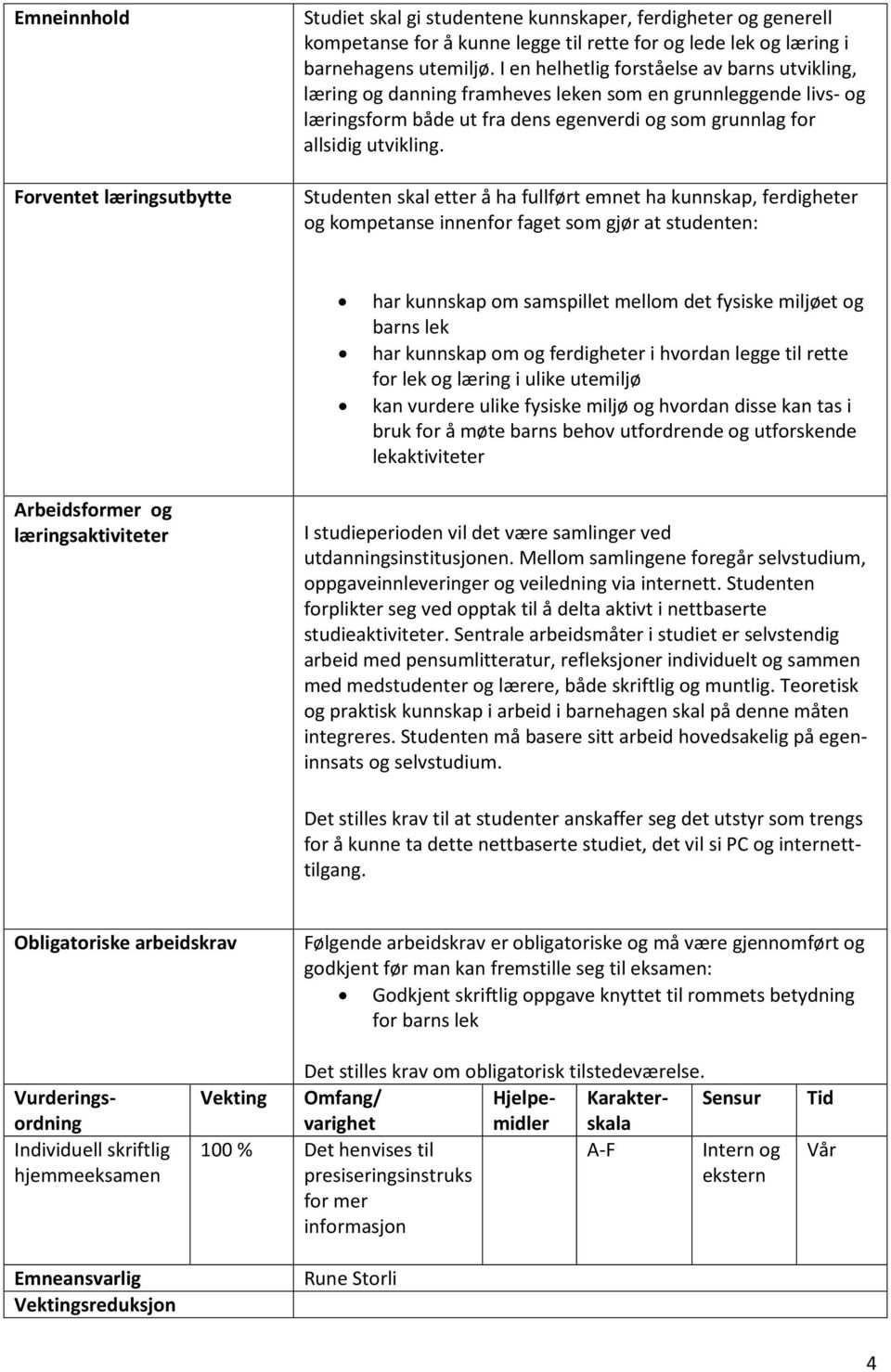 Studenten skal etter å ha fullført emnet ha kunnskap, ferdigheter og kompetanse innenfor faget som gjør at studenten: har kunnskap om samspillet mellom det fysiske miljøet og barns lek har kunnskap