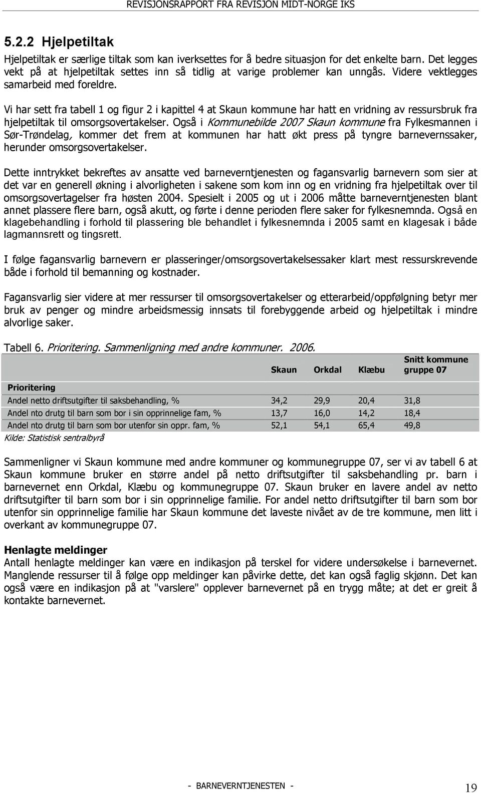 Vi har sett fra tabell 1 og figur 2 i kapittel 4 at Skaun kommune har hatt en vridning av ressursbruk fra hjelpetiltak til omsorgsovertakelser.