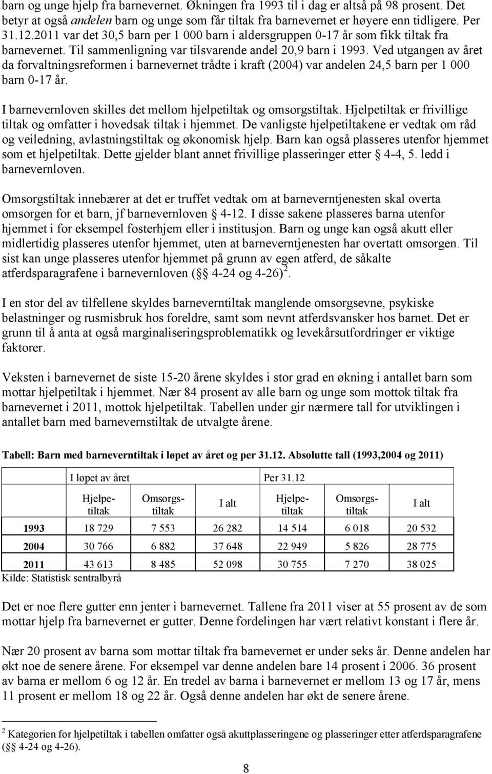 Ved utgangen av året da forvaltningsreformen i barnevernet trådte i kraft (2004) var andelen 24,5 barn per 1 000 barn 0-17 år. I barnevernloven skilles det mellom hjelpetiltak og omsorgstiltak.