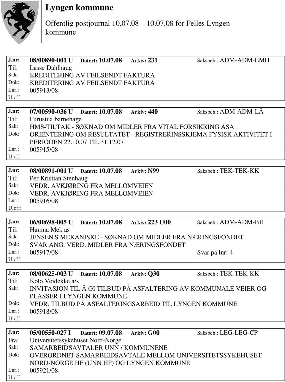 : ADM-ADM-LÅ Til: Furustua barnehage Sak: HMS-TILTAK - SØKNAD OM MIDLER FRA VITAL FORSIKRING ASA Dok: ORIENTERING OM RESULTATET - REGISTRERINSSKJEMA FYSISK AKTIVITET I PERIODEN 22.10.07 TIL 31.12.