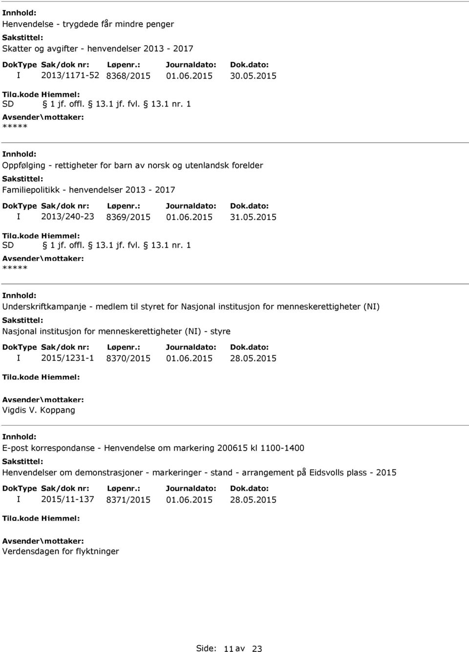 1 ***** nnhold: Underskriftkampanje - medlem til styret for Nasjonal institusjon for menneskerettigheter (N) Nasjonal institusjon for menneskerettigheter (N) - styre 2015/1231-1 8370/2015 Vigdis V.