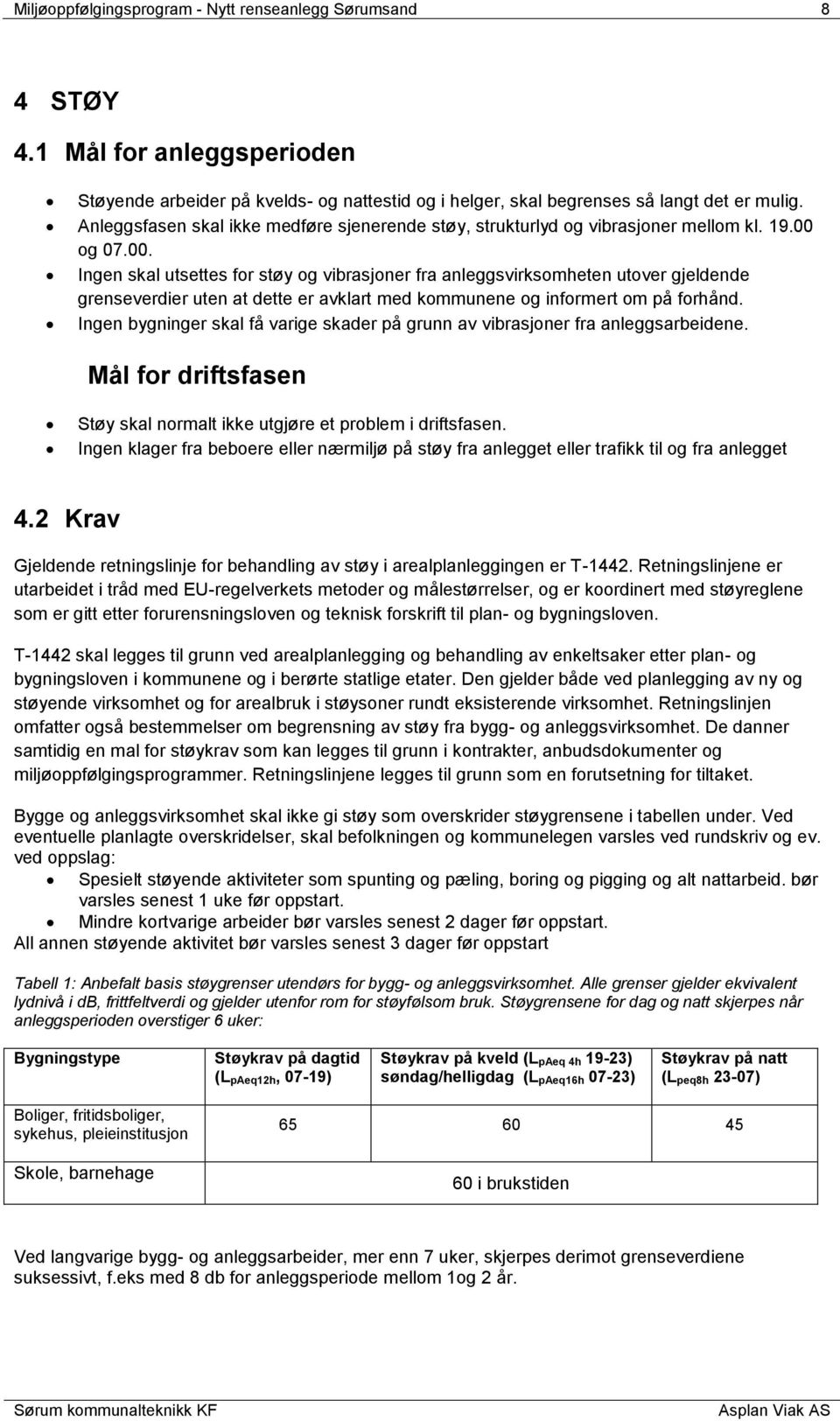 og 07.00. Ingen skal utsettes for støy og vibrasjoner fra anleggsvirksomheten utover gjeldende grenseverdier uten at dette er avklart med kommunene og informert om på forhånd.