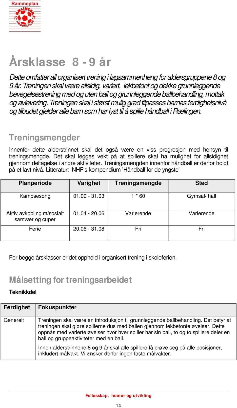 Treningen skal i størst mulig grad tilpasses barnas ferdighetsnivå og tilbudet gjelder alle barn som har lyst til å spille håndball i Rælingen.