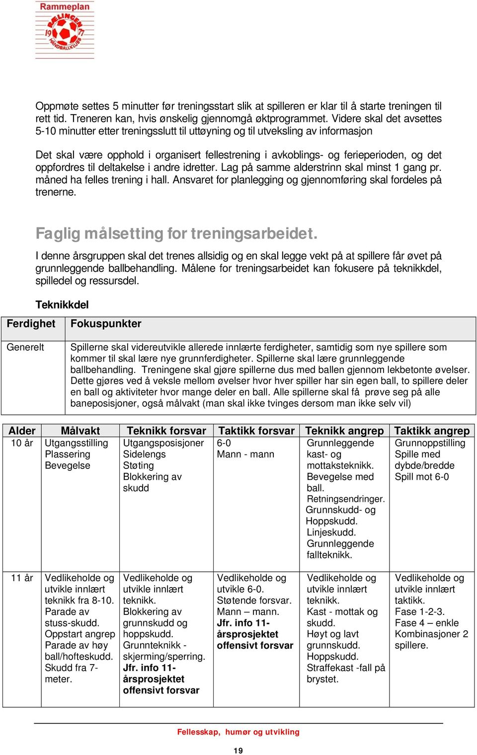 oppfordres til deltakelse i andre idretter. Lag på samme alderstrinn skal minst 1 gang pr. måned ha felles trening i hall. Ansvaret for planlegging og gjennomføring skal fordeles på trenerne.