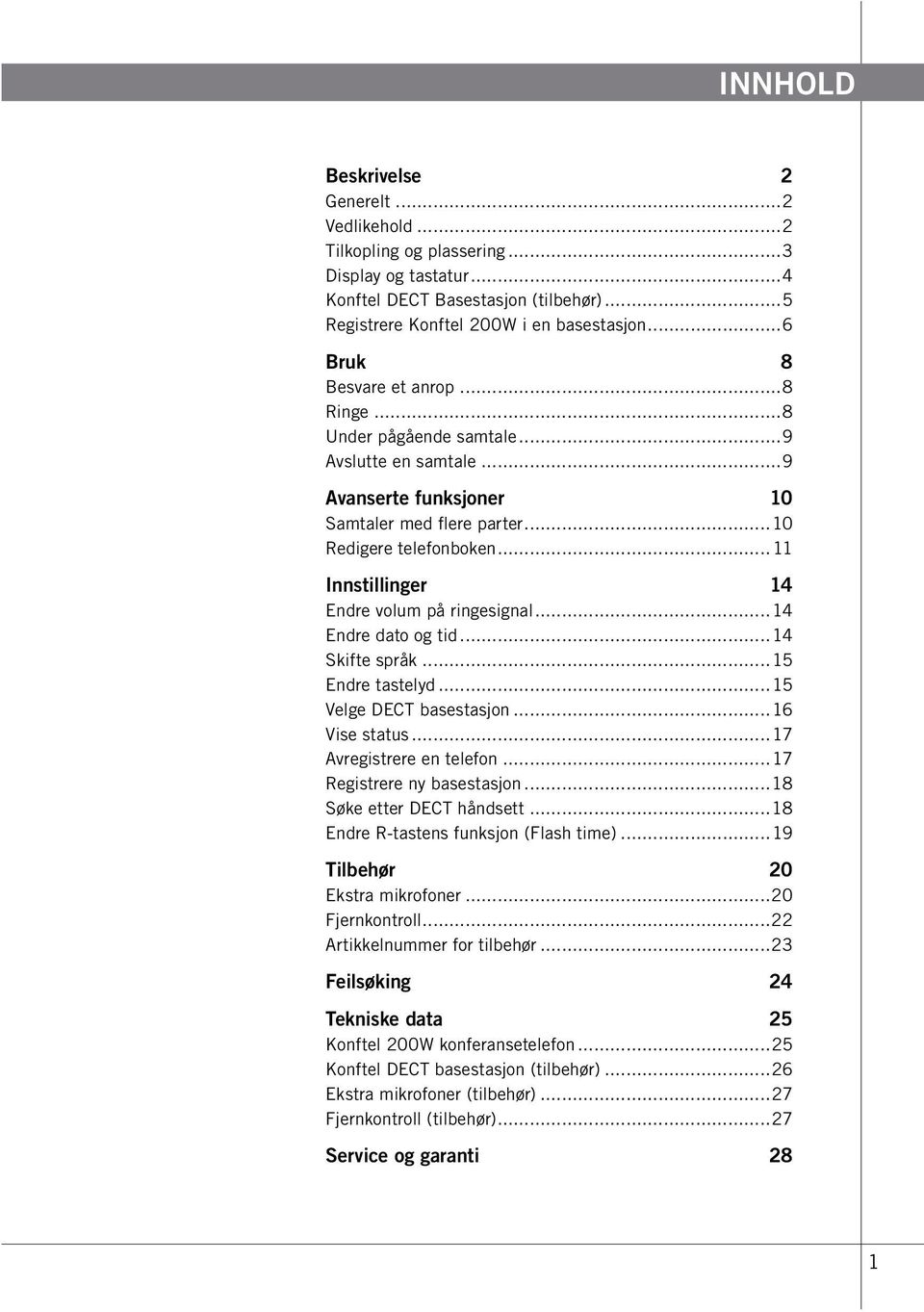 ..11 Innstillinger 14 Endre volum på ringesignal...14 Endre dato og tid...14 Skifte språk...15 Endre tastelyd...15 Velge DECT basestasjon...16 Vise status...17 Avregistrere en telefon.