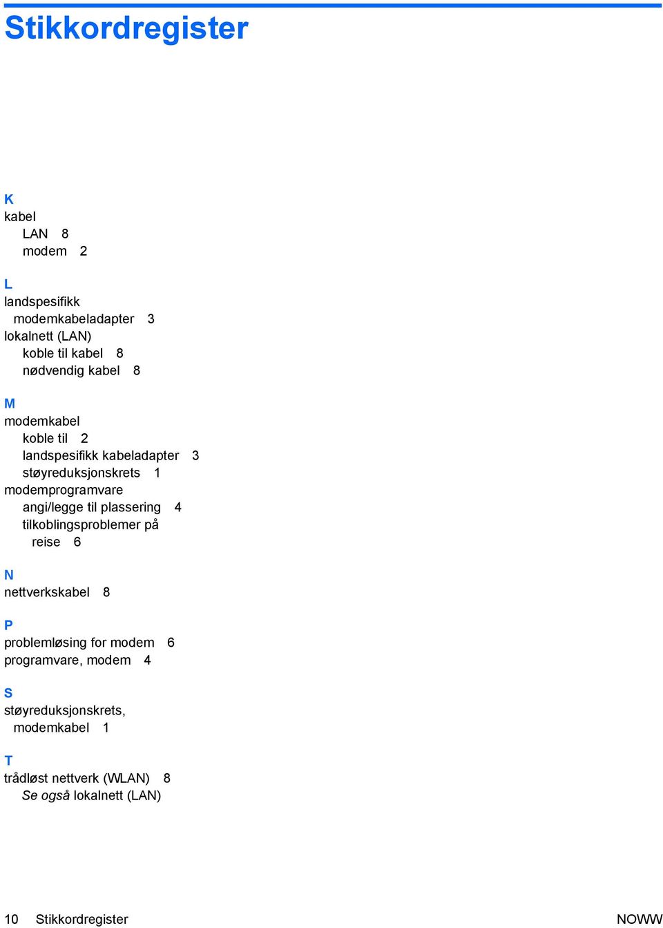 angi/legge til plassering 4 tilkoblingsproblemer på reise 6 N nettverkskabel 8 P problemløsing for modem 6