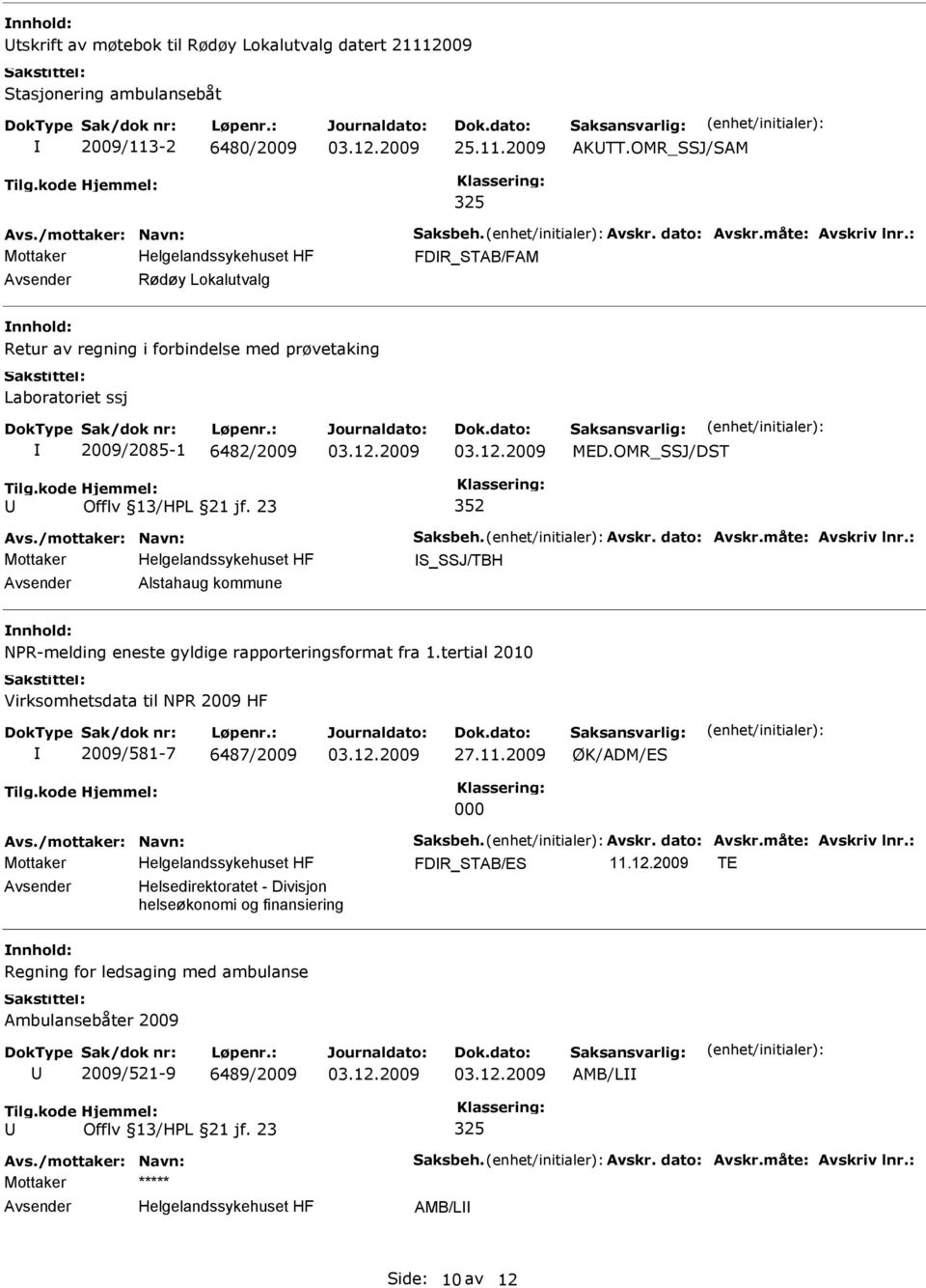 23 352 S_SSJ/TBH Alstahaug kommune NPR-melding eneste gyldige rapporteringsformat fra 1.tertial 2010 Virksomhetsdata til NPR 2009 HF 2009/581-7 6487/2009 27.11.