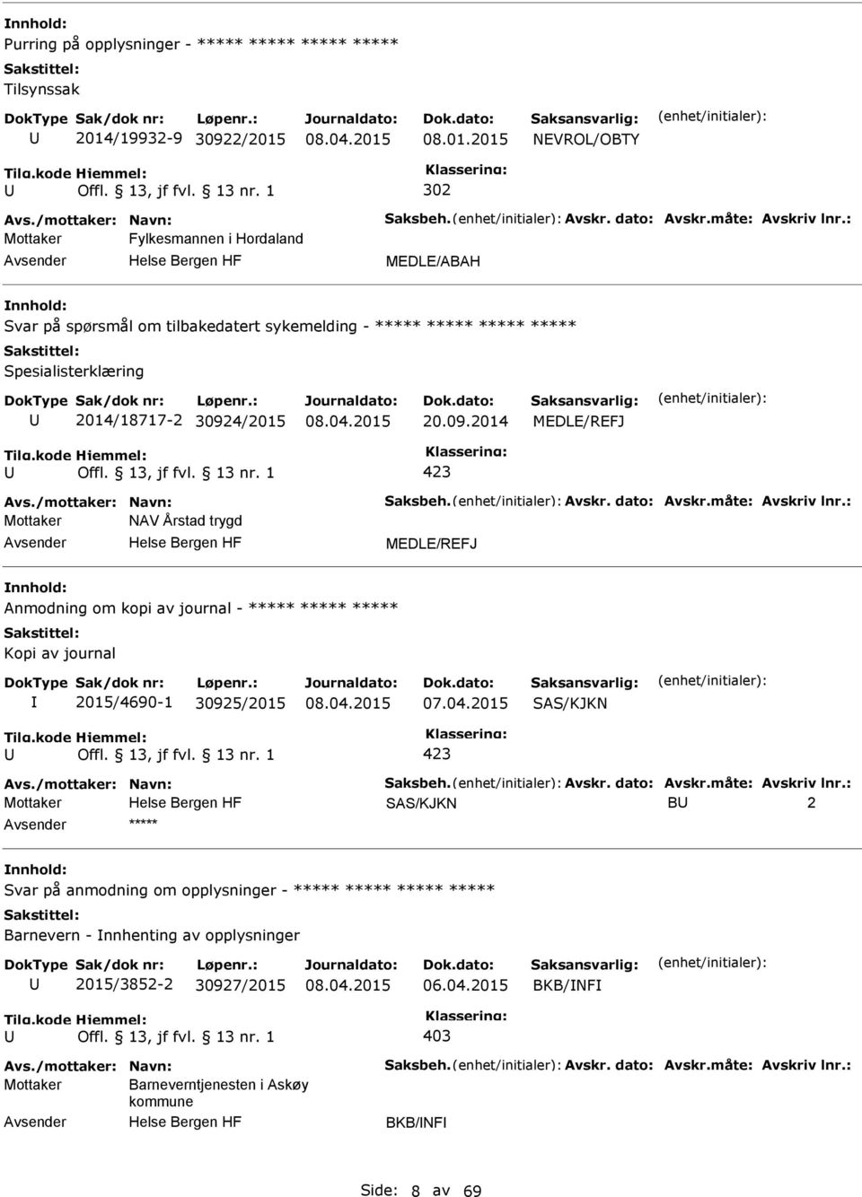 /mottaker: Navn: Saksbeh. Avskr. dato: Avskr.måte: Avskriv lnr.: Mottaker NAV Årstad trygd MEDLE/REFJ Anmodning om kopi av journal - ***** ***** ***** Kopi av journal 2015/4690-1 30925/2015 07.04.