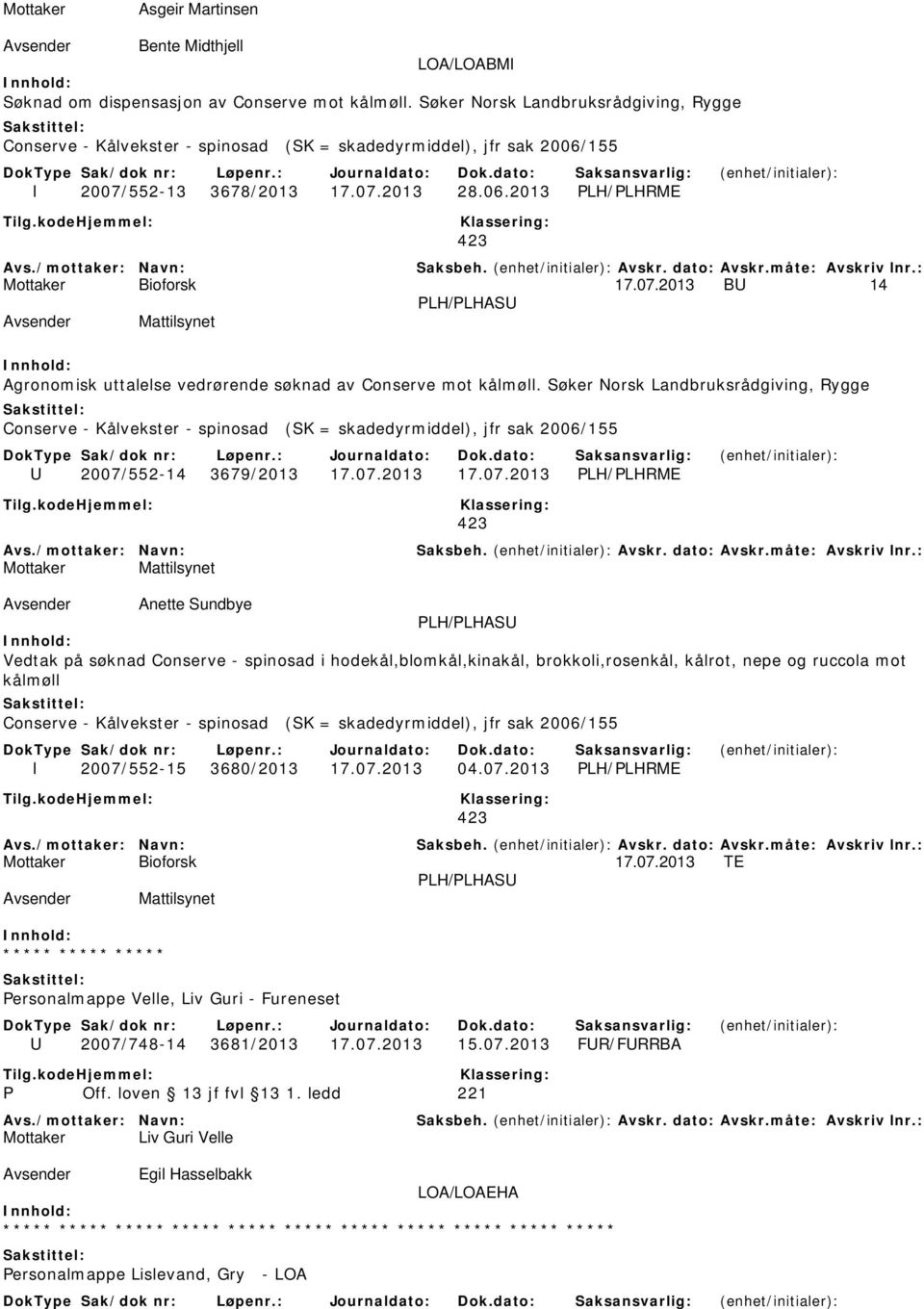 552-13 3678/2013 17.07.2013 28.06.2013 PLH/PLHRME 423 17.07.2013 BU 14 PLH/PLHASU Mattilsynet Agronomisk uttalelse vedrørende søknad av Conserve mot kålmøll.