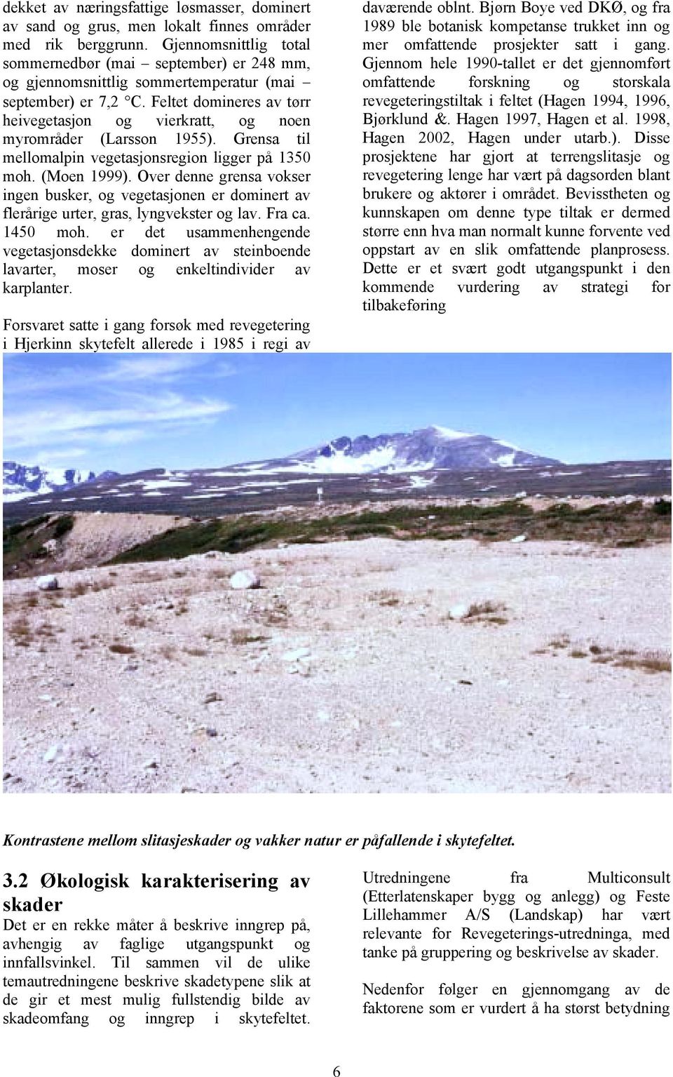 Feltet domineres av tørr heivegetasjon og vierkratt, og noen myrområder (Larsson 1955). Grensa til mellomalpin vegetasjonsregion ligger på 1350 moh. (Moen 1999).