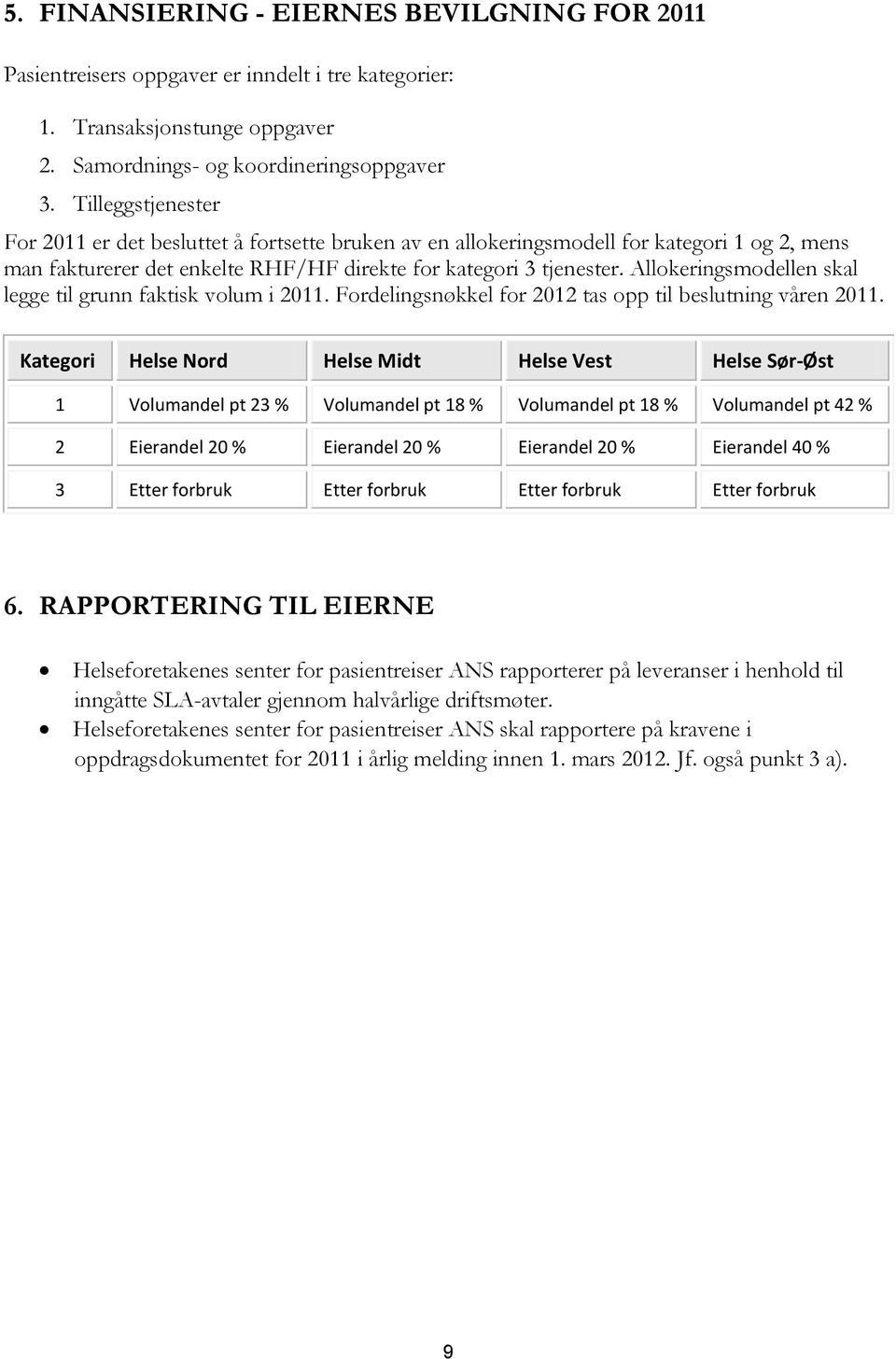 Allokeringsmodellen skal legge til grunn faktisk volum i 2011. Fordelingsnøkkel for 2012 tas opp til beslutning våren 2011.