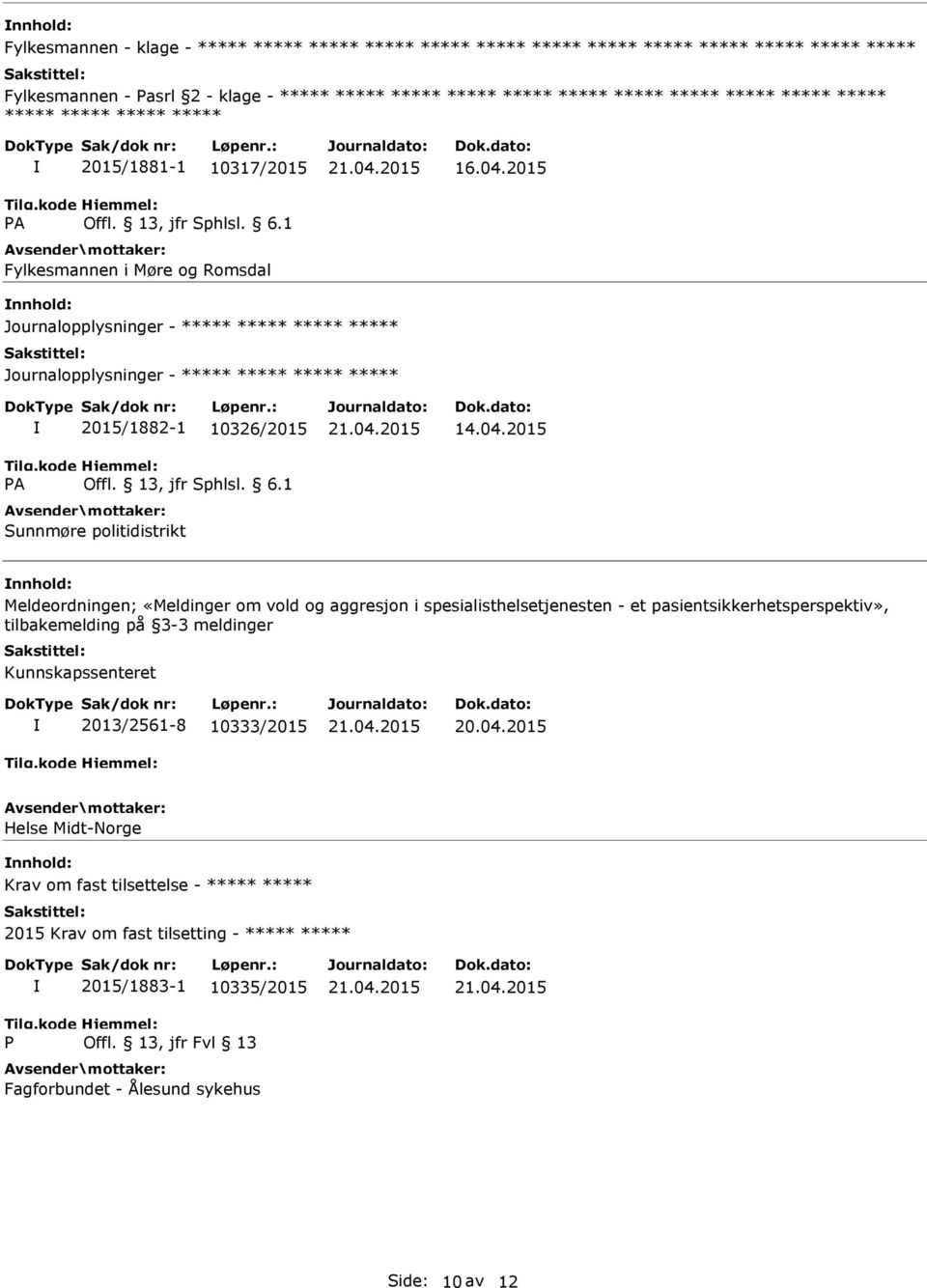 2015 nnhold: Journalopplysninger - ***** ***** ***** ***** Journalopplysninger - ***** ***** ***** ***** 2015/1882-1 10326/2015 Sunnmøre politidistrikt 14.04.