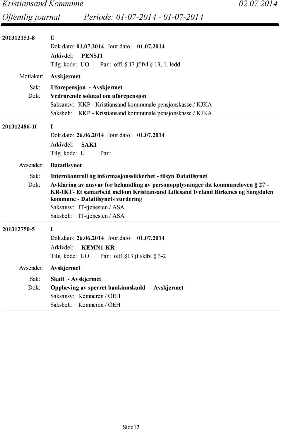 : Datatilsynet Internkontroll og informasjonssikkerhet - tilsyn Datatilsynet Avklaring av ansvar for behandling av personopplysninger iht kommuneloven 27 - KR-IKT- Et samarbeid mellom Kristiansand