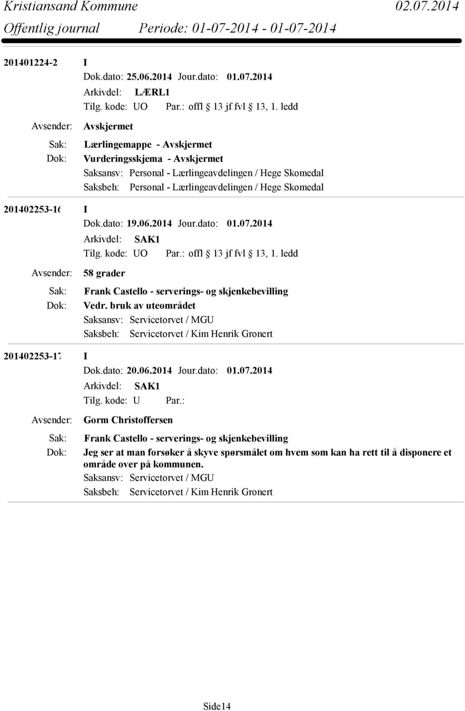 2014 Jour.dato: 01.07.2014 Tilg. kode: UO Par.: offl 13 jf fvl 13, 1. ledd 58 grader Frank Castello - serverings- og skjenkebevilling Vedr.