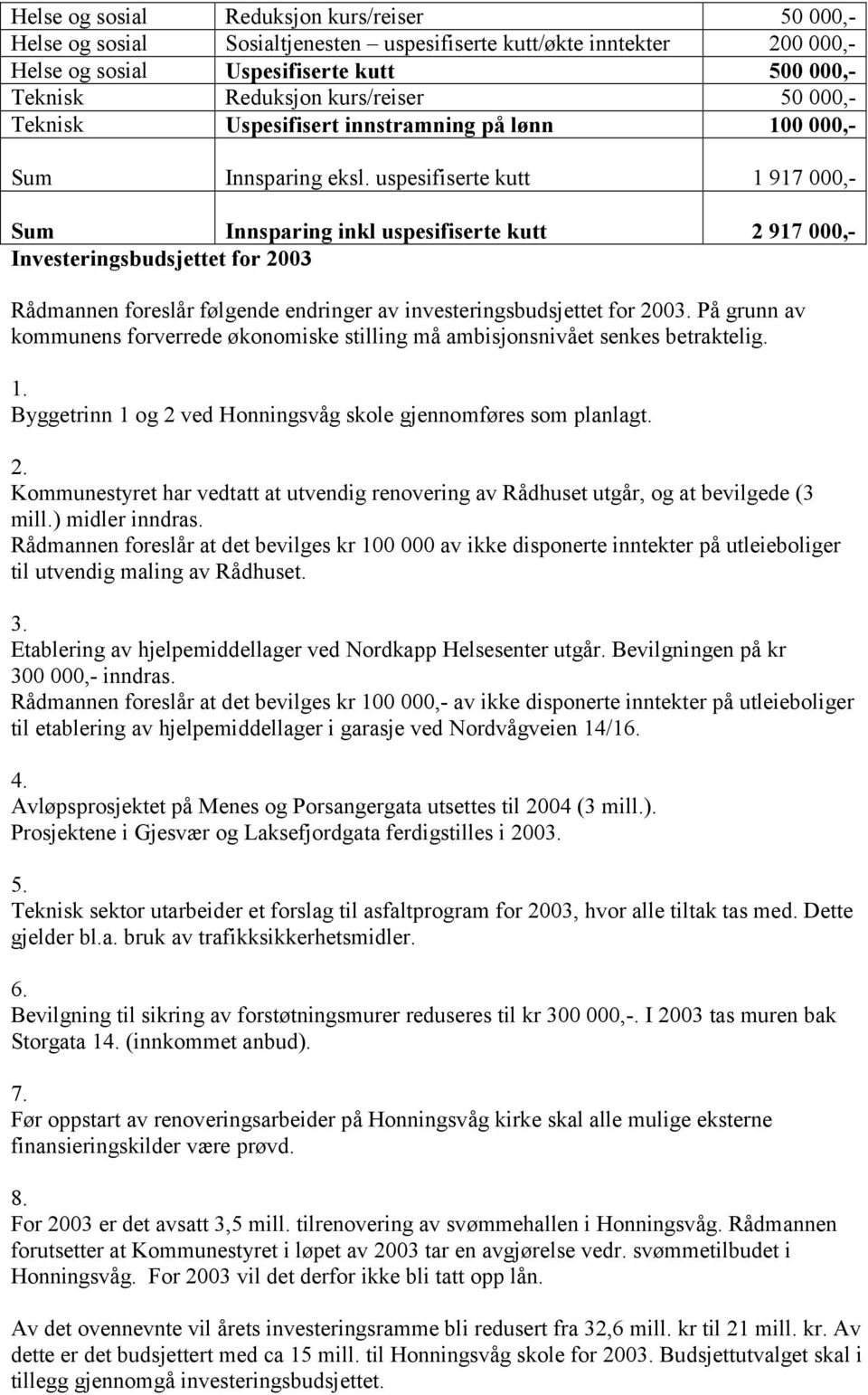 uspesifiserte kutt 1 917 000,- Sum Innsparing inkl uspesifiserte kutt 2 917 000,- Investeringsbudsjettet for 2003 Rådmannen foreslår følgende endringer av investeringsbudsjettet for 2003.