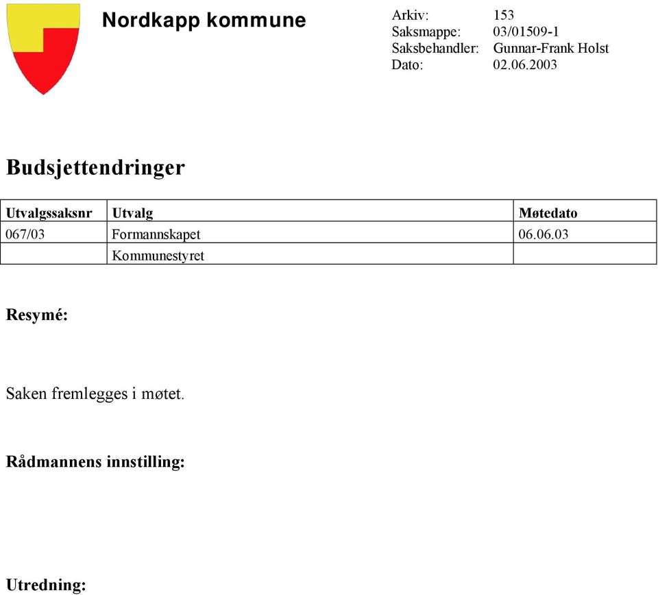 2003 Budsjettendringer Utvalgssaksnr Utvalg Møtedato 067/03