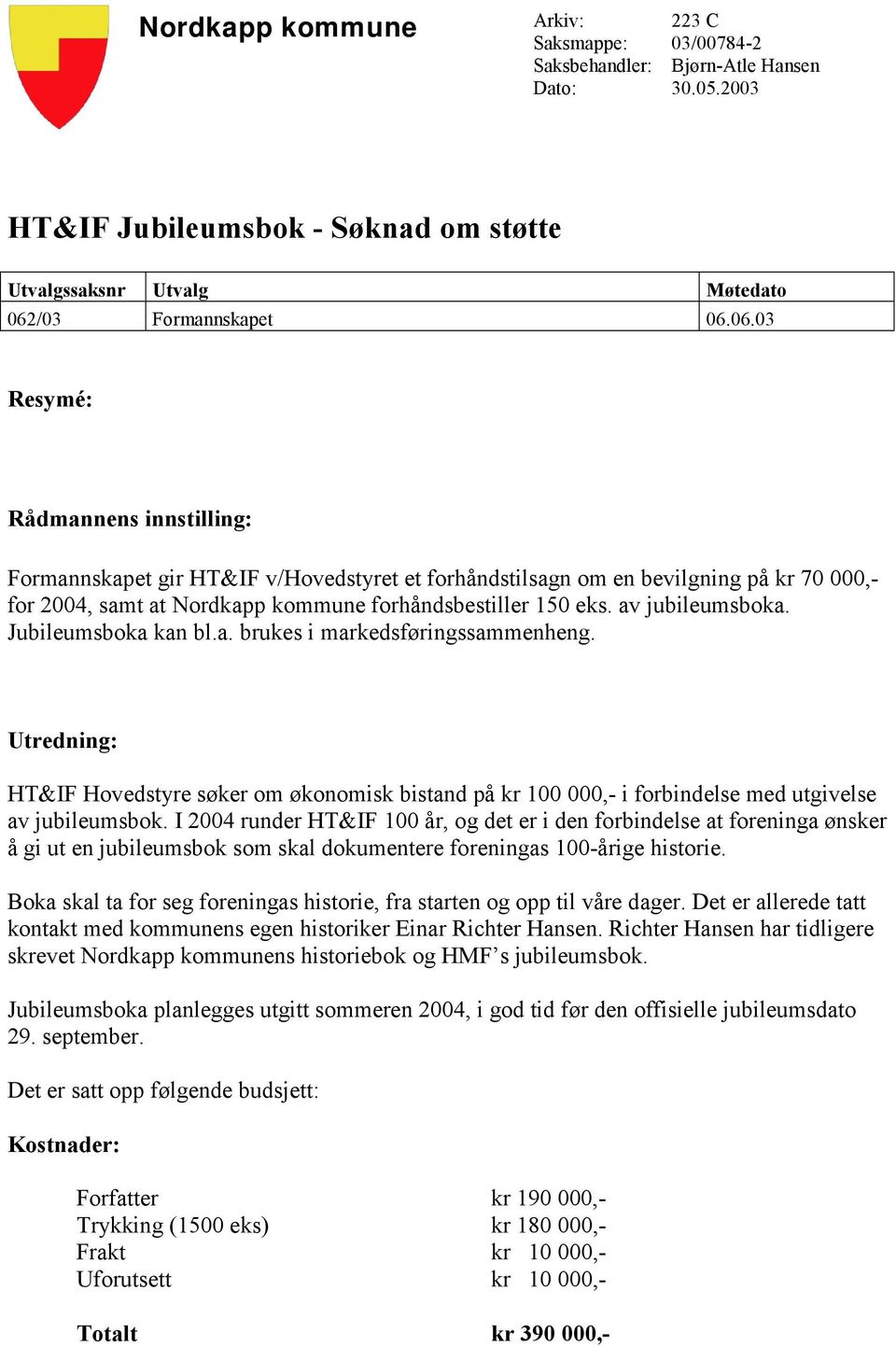 06.03 Resymé: Rådmannens innstilling: Formannskapet gir HT&IF v/hovedstyret et forhåndstilsagn om en bevilgning på kr 70 000,- for 2004, samt at Nordkapp kommune forhåndsbestiller 150 eks.