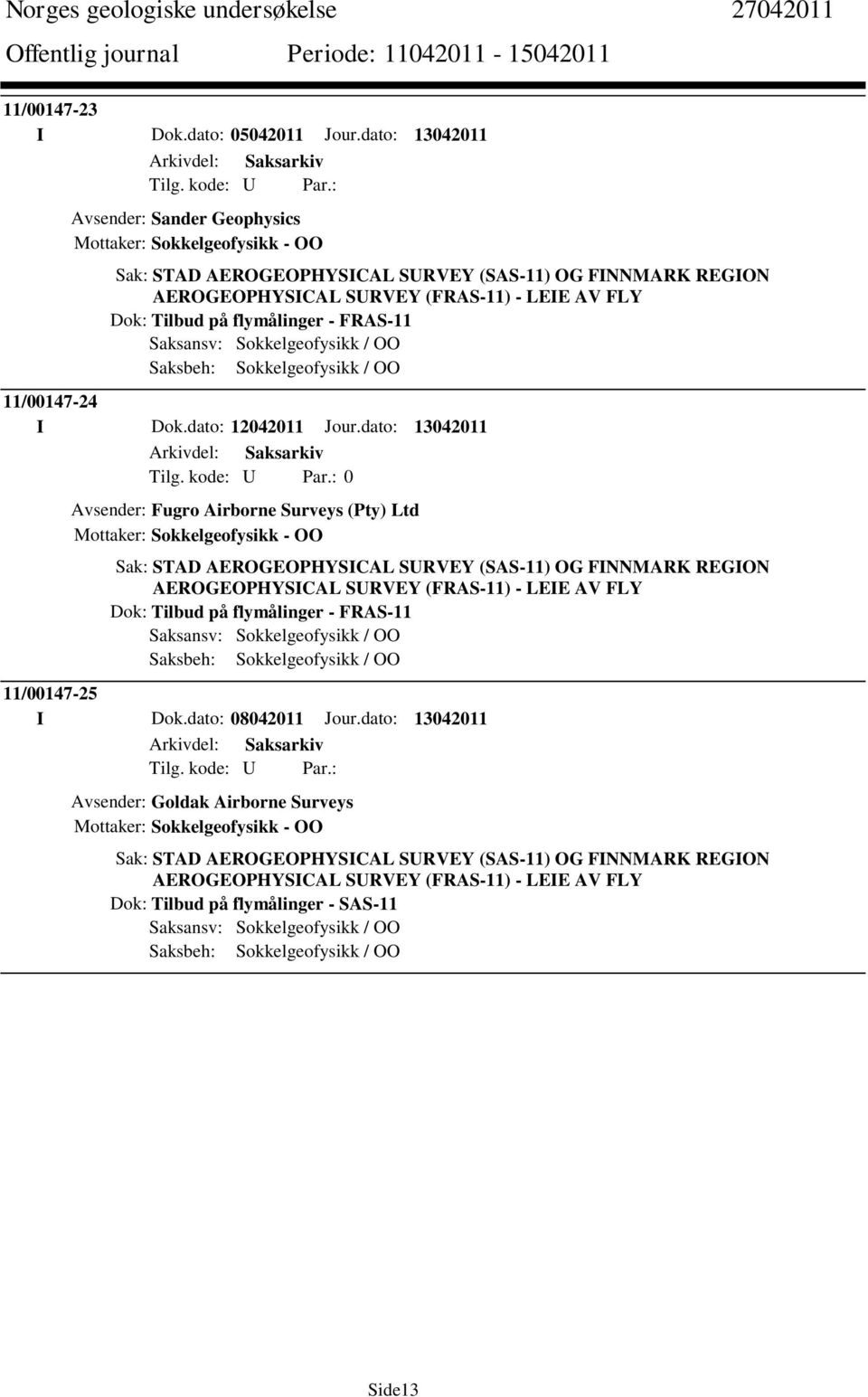 flymålinger - FRAS-11 Saksbeh: Sokkelgeofysikk / OO 11/00147-24 I Dok.dato: 12042011 Jour.