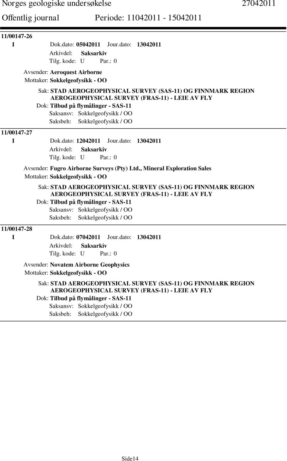 flymålinger - SAS-11 Saksbeh: Sokkelgeofysikk / OO 11/00147-27 I Dok.dato: 12042011 Jour.dato: 13042011 Avsender: Fugro Airborne Surveys (Pty) Ltd.