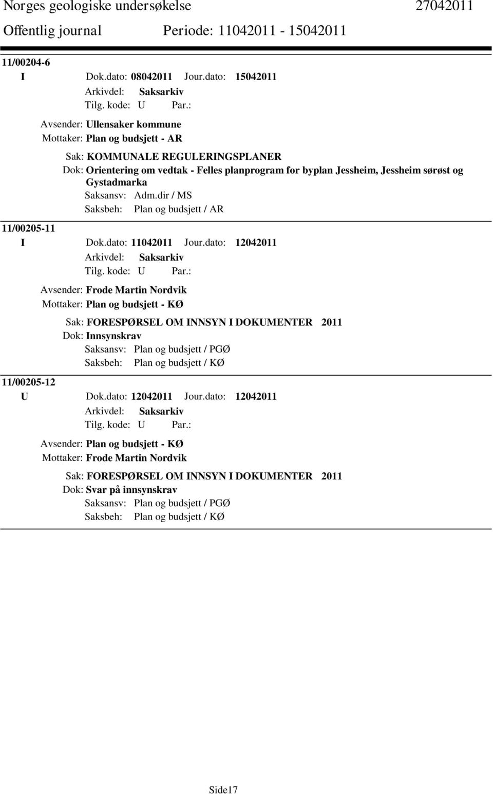 Gystadmarka Saksansv: Adm.dir / MS Saksbeh: Plan og budsjett / AR 11/00205-11 I Dok.dato: 11042011 Jour.