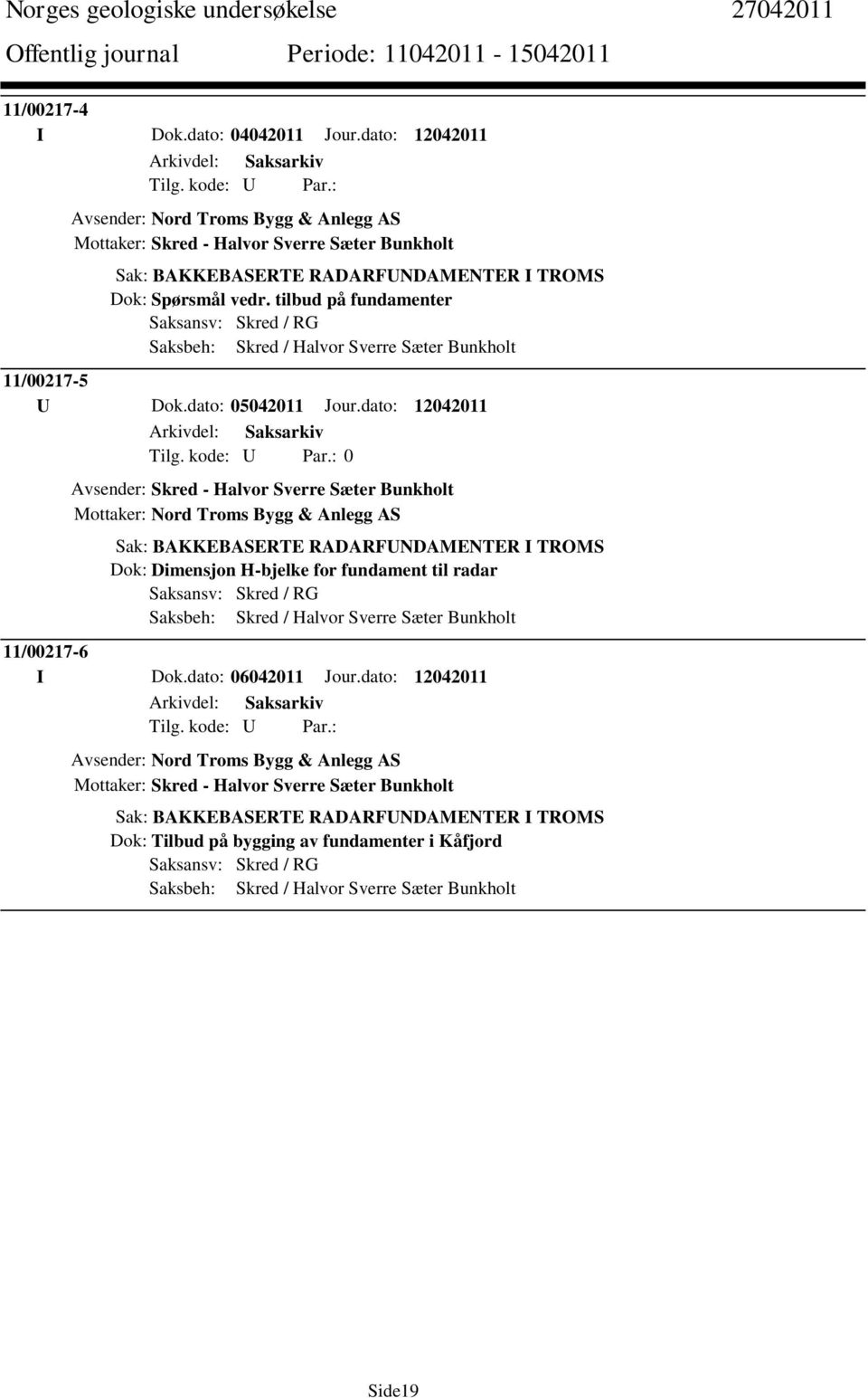 dato: 12042011 Avsender: Skred - Halvor Sverre Sæter Bunkholt Mottaker: Nord Troms Bygg & Anlegg AS Sak: BAKKEBASERTE RADARFUNDAMENTER I TROMS Dok: Dimensjon H-bjelke for fundament til radar