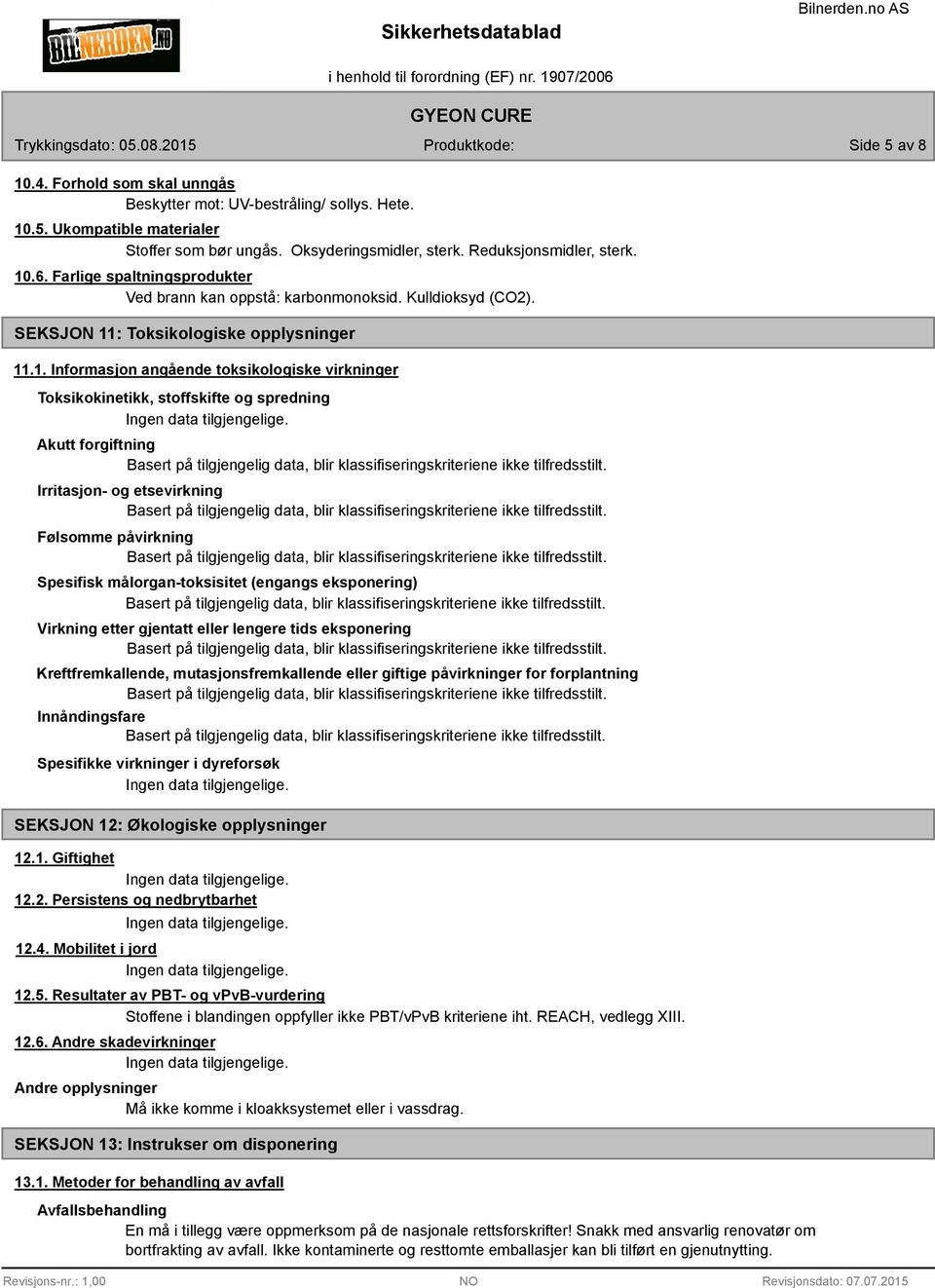 : Toksikologiske opplysninger 11