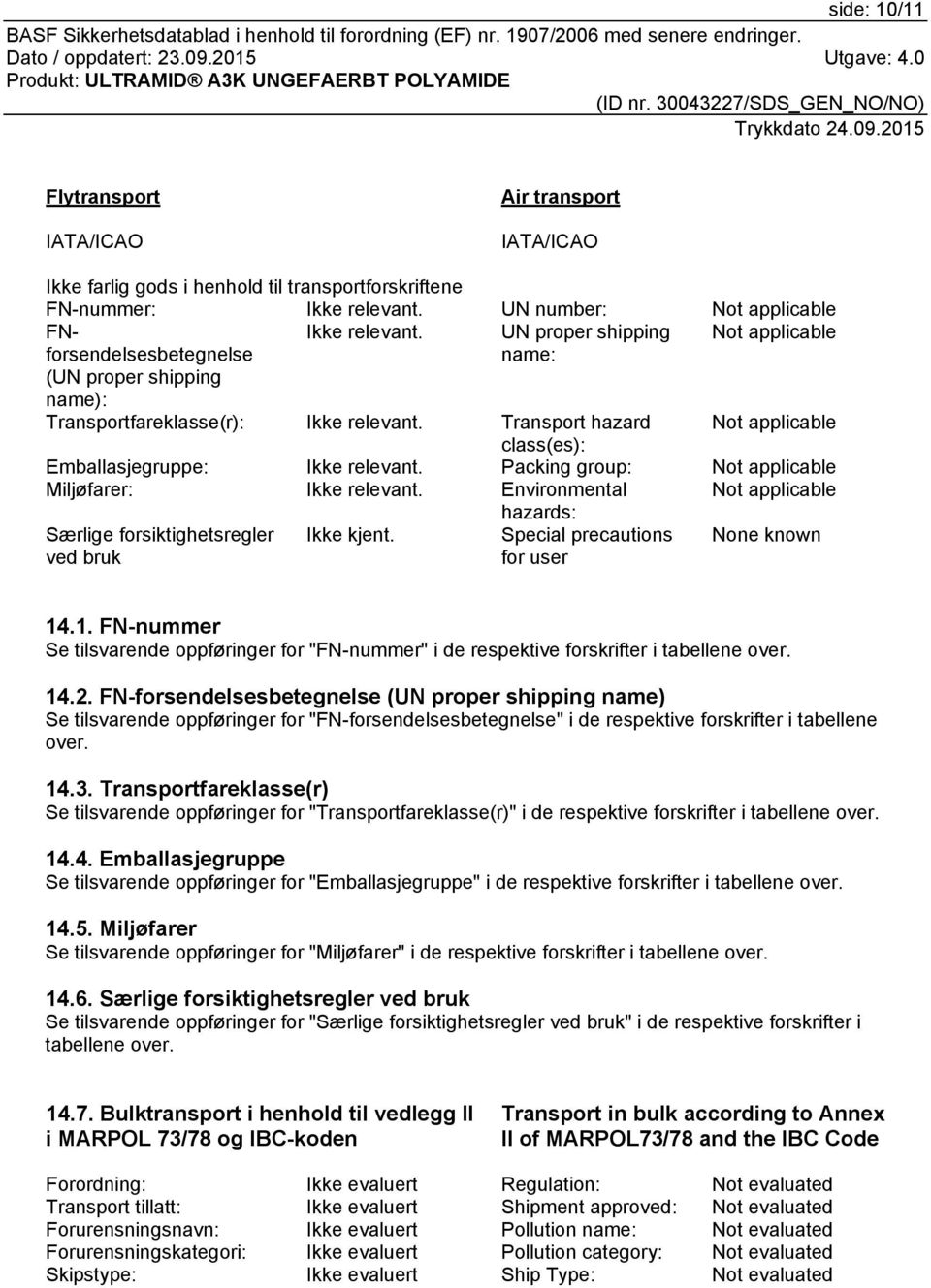 Særlige forsiktighetsregler ved bruk Ikke kjent. hazards: Special precautions for user None known 14.1. FN-nummer Se tilsvarende oppføringer for "FN-nummer" i de respektive forskrifter i tabellene over.