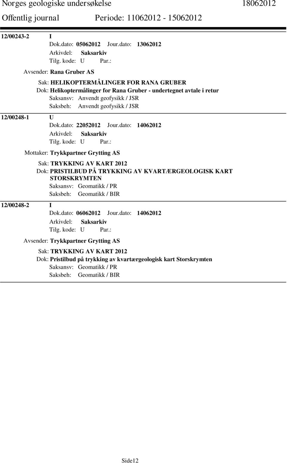 JSR Saksbeh: Anvendt geofysikk / JSR 12/00248-1 U Dok.dato: 22052012 Jour.