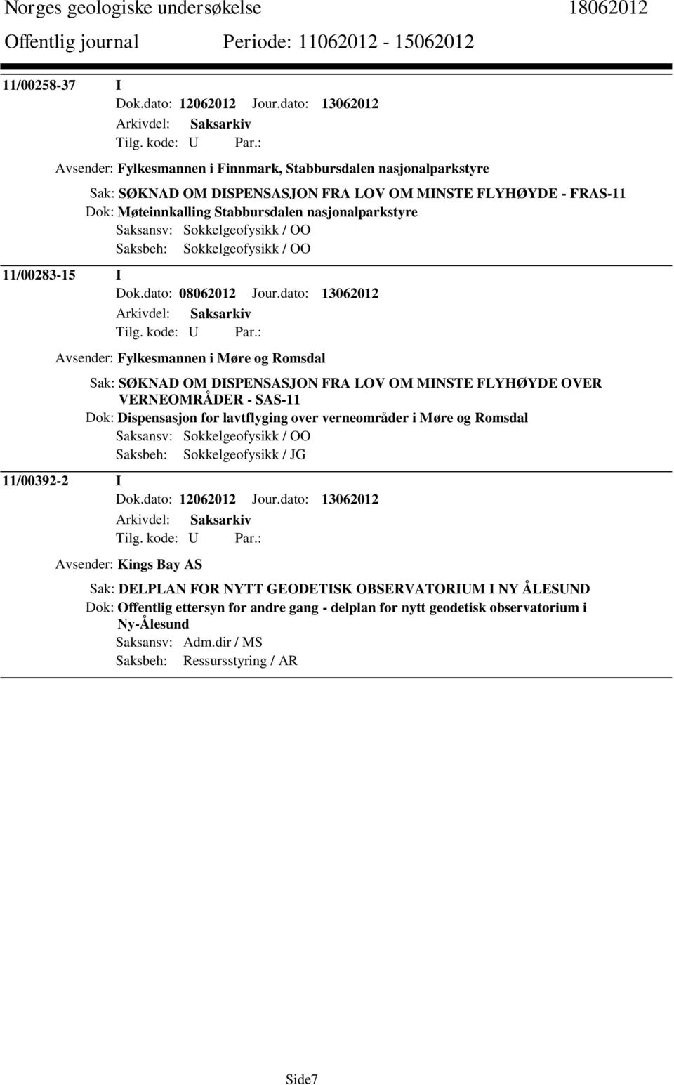 Saksansv: Sokkelgeofysikk / OO Saksbeh: Sokkelgeofysikk / OO 11/00283-15 I Dok.dato: 08062012 Jour.